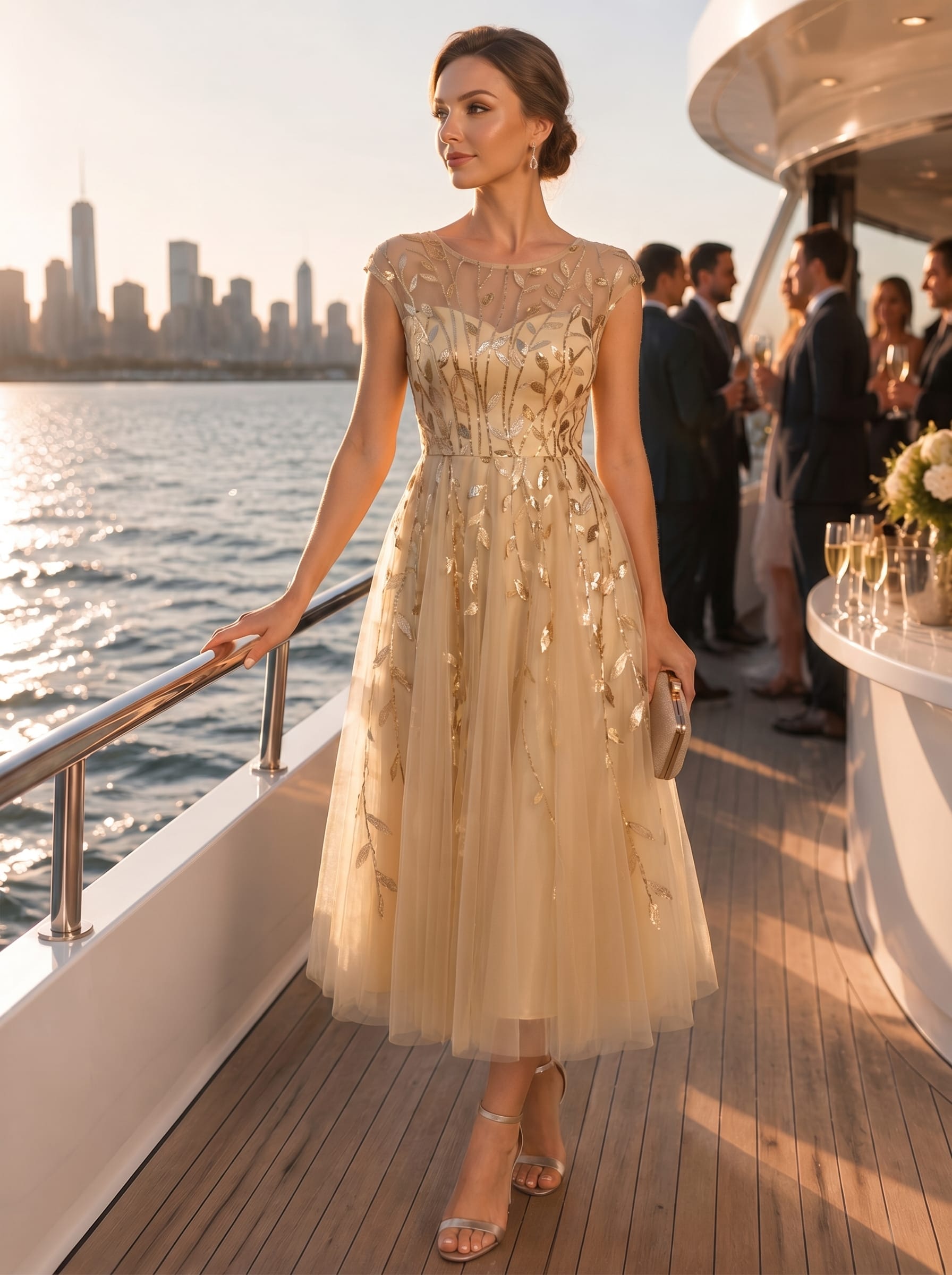 Robe midi évasée à manches courtes en patchwork transparent #Couleur_Dorée