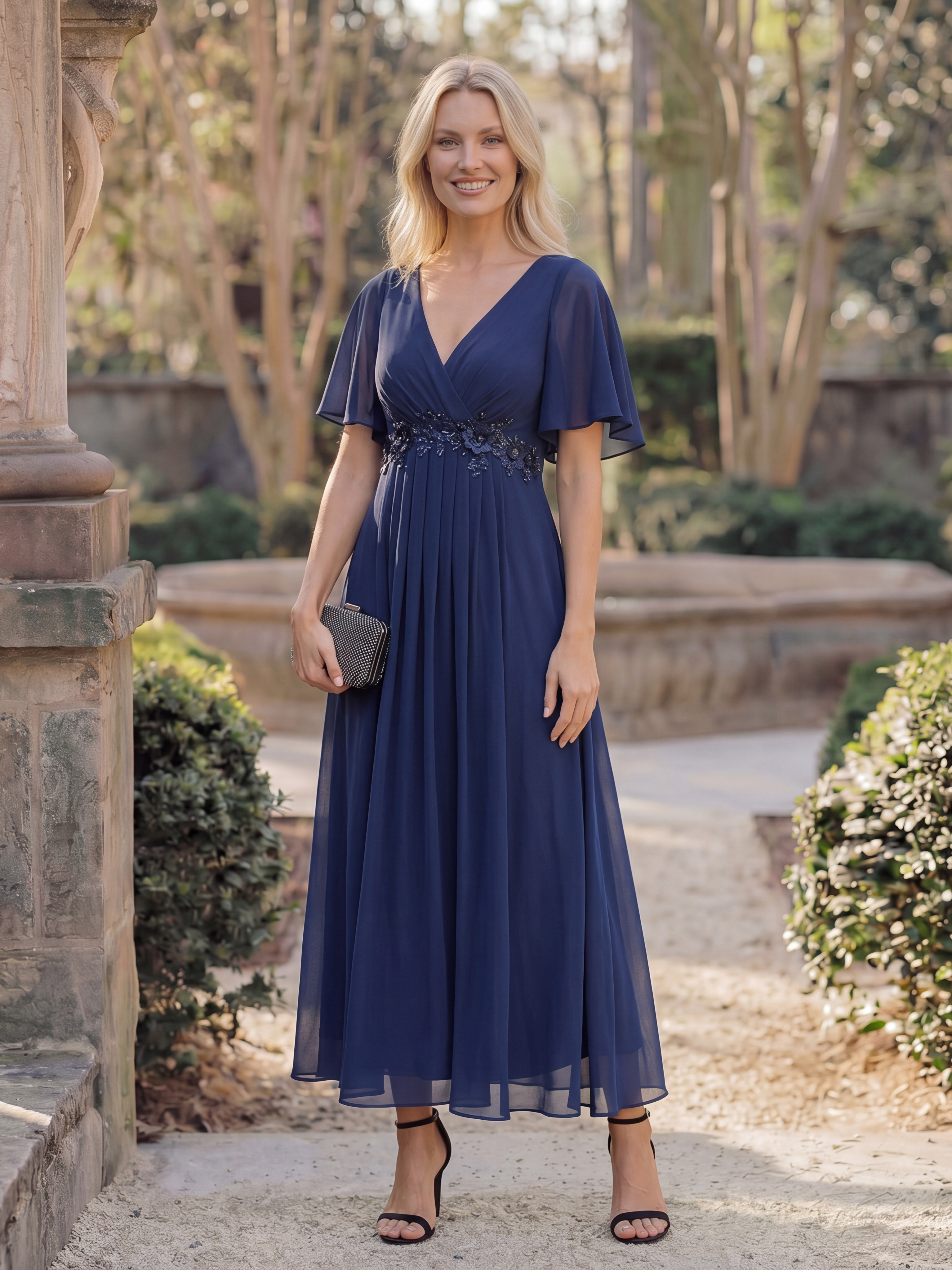 Robe d'invité de mariage mi-longue en mousseline à col en V avec appliques à la taille #Couleur_Bleu Marine