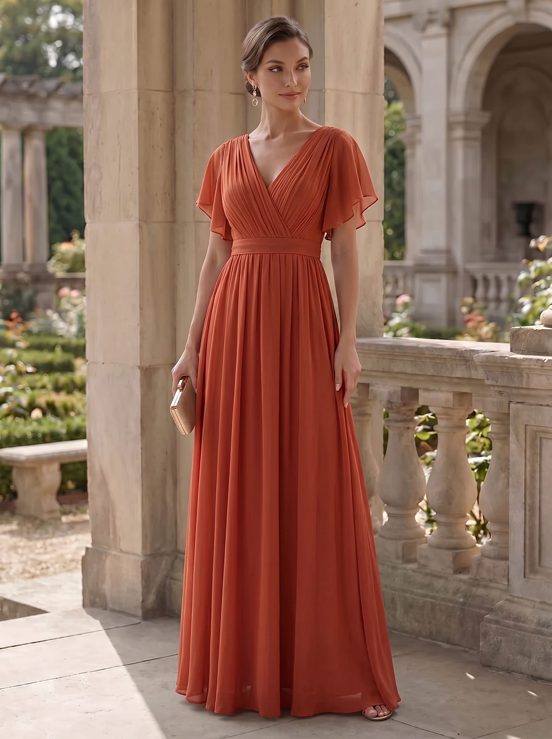 Robe mariage invitée en mousseline de soie à encolure en V et à manches flottantes #Couleur_Burnt Orange