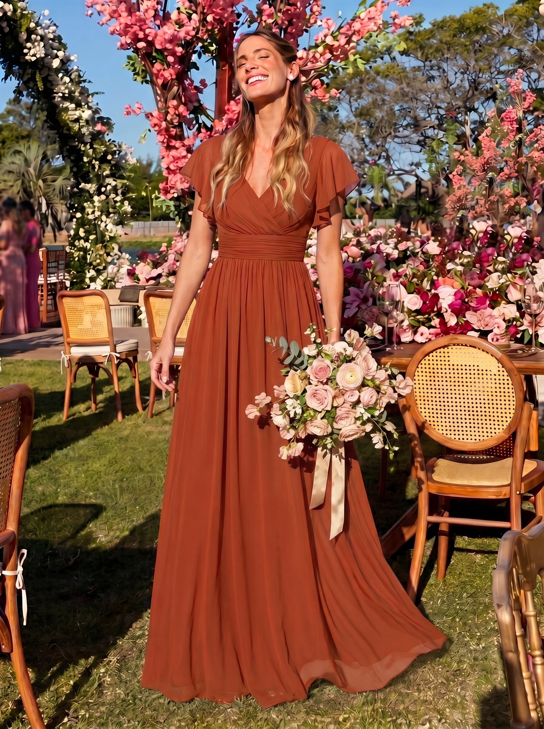 Robe D'invité De Mariage En Mousseline De Soie Mi-Longue Plissée à Manches à Volants Et Col En V #Couleur_Burnt Orange