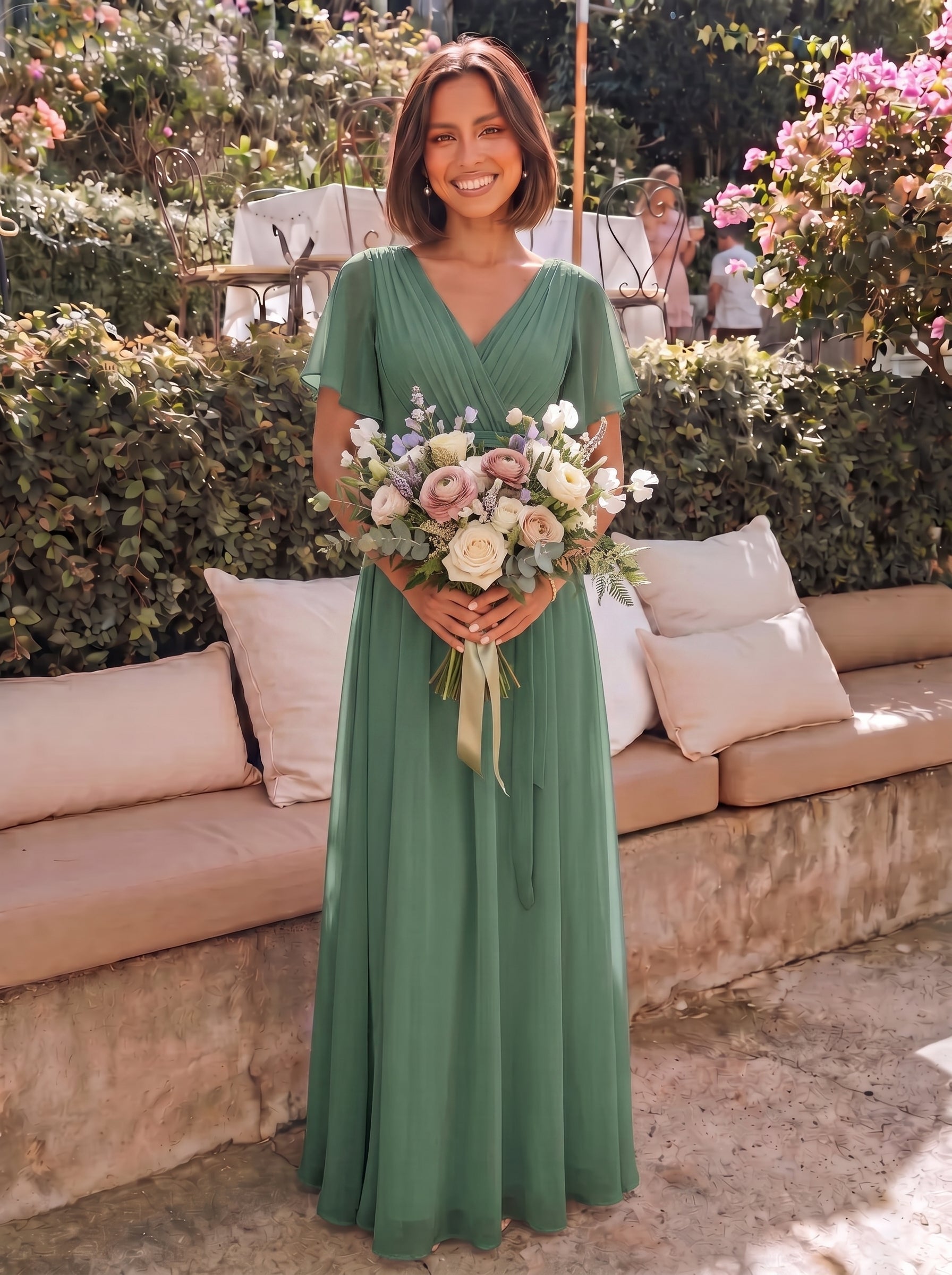 Robe de demoiselle d'honneur en mousseline de soie à encolure en V et à manches #Couleur_Eucalyptus