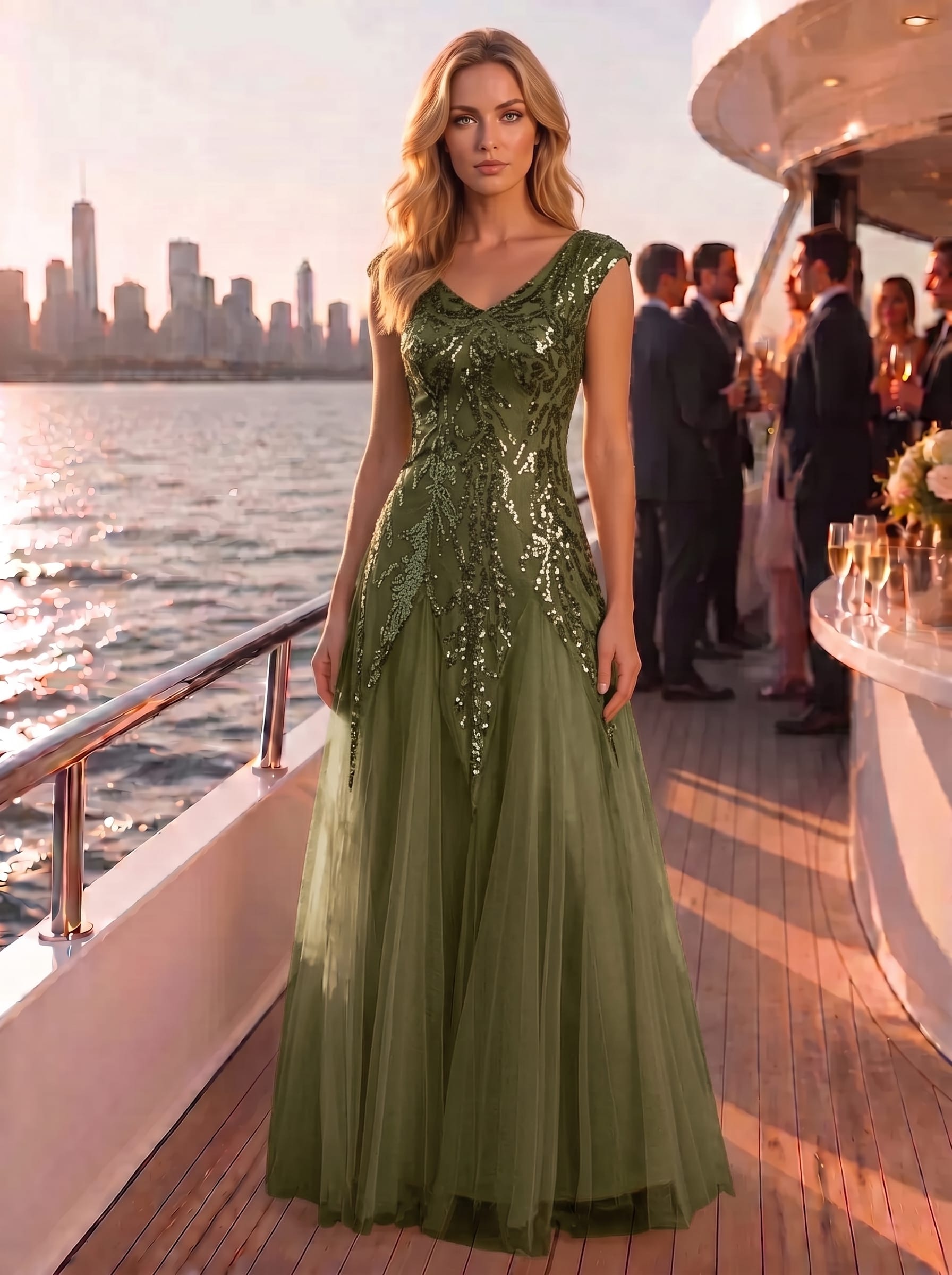 robe longue sans manches décolletée en V brodée de fleurs en A #Couleur_Vert Olive