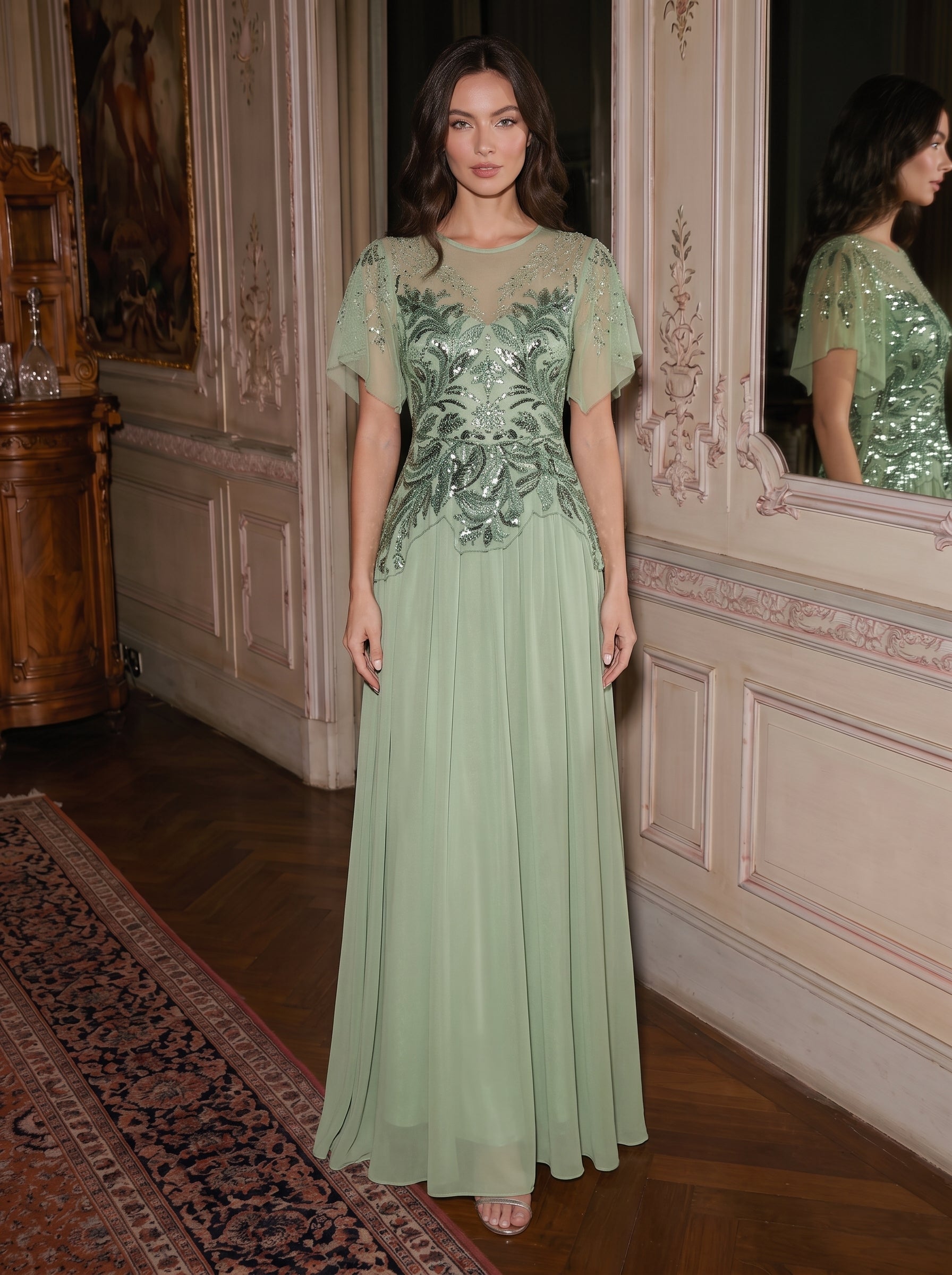 robe longue évasée à manches courtes avec volants sequins et broderies #Couleur_Menthe Verte