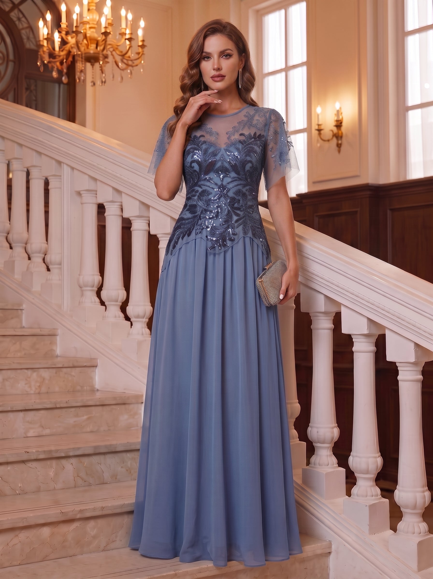 robe longue évasée à manches courtes avec volants sequins et broderies #Couleur_Marine Fume