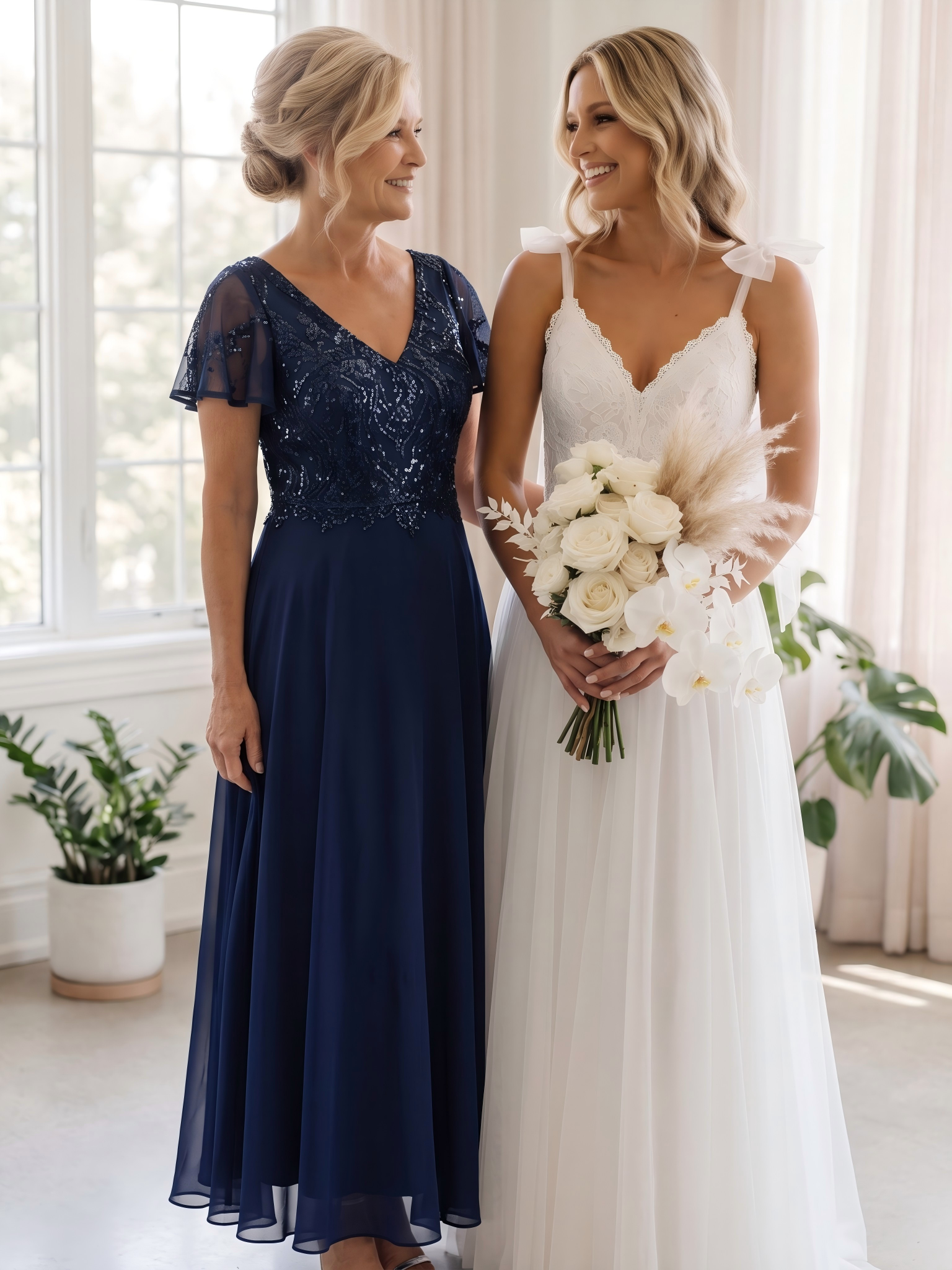 Robe longue extensibilité faible manches à volants décolleté en V profond applique coupe évasée #Couleur_Bleu Marine