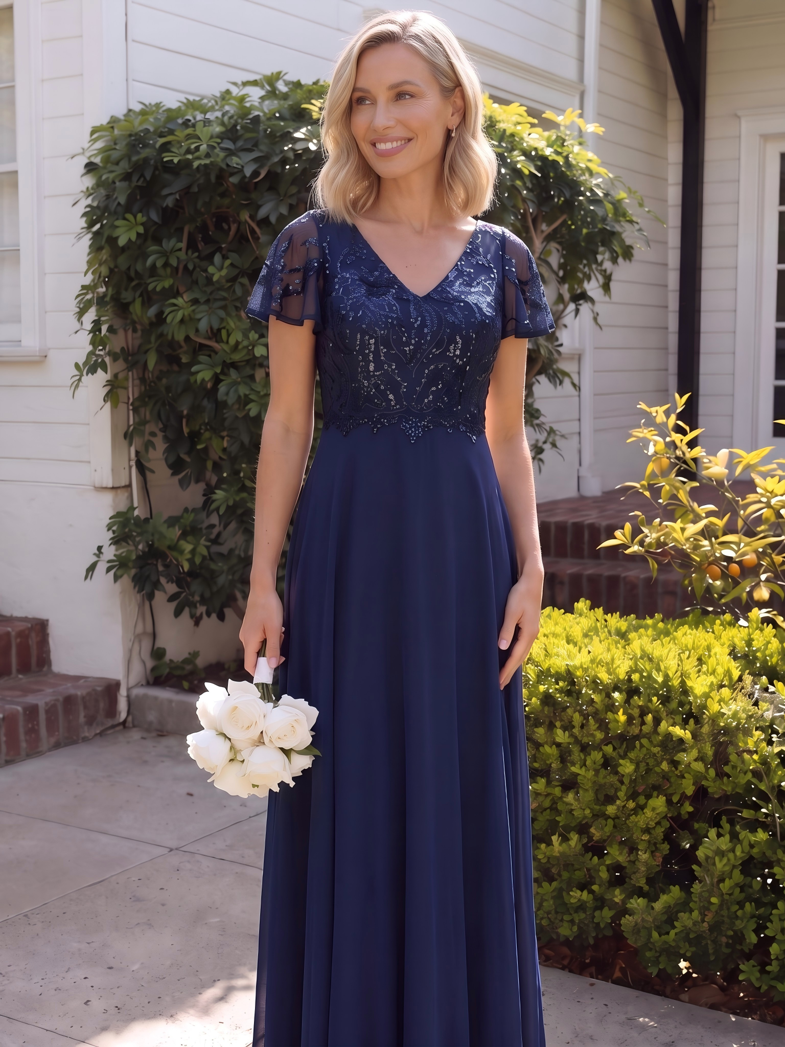 Robe longue extensibilité faible manches à volants décolleté en V profond applique coupe évasée #Couleur_Bleu Marine