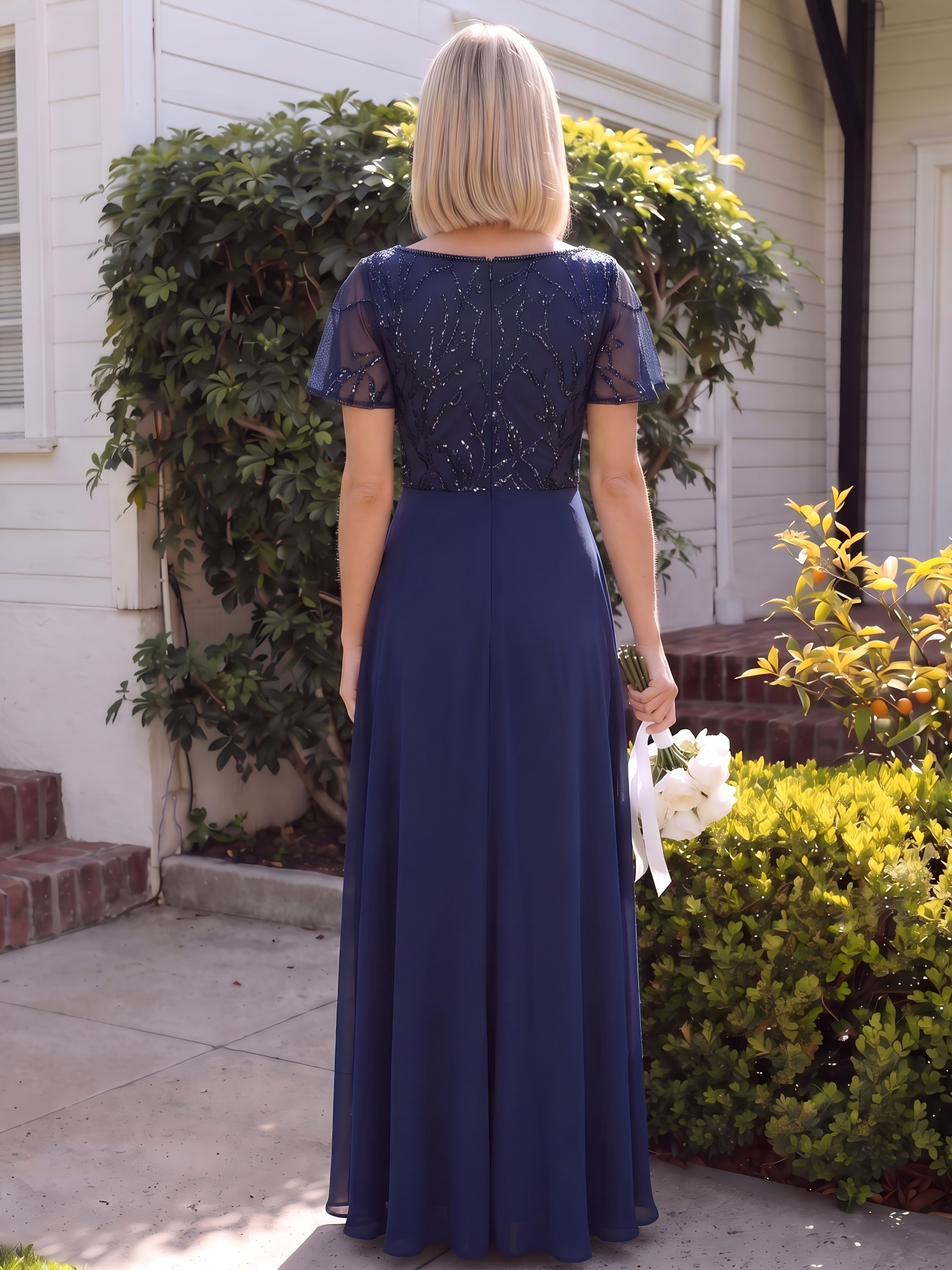 Robe longue extensibilité faible manches à volants décolleté en V profond applique coupe évasée #Couleur_Bleu Marine