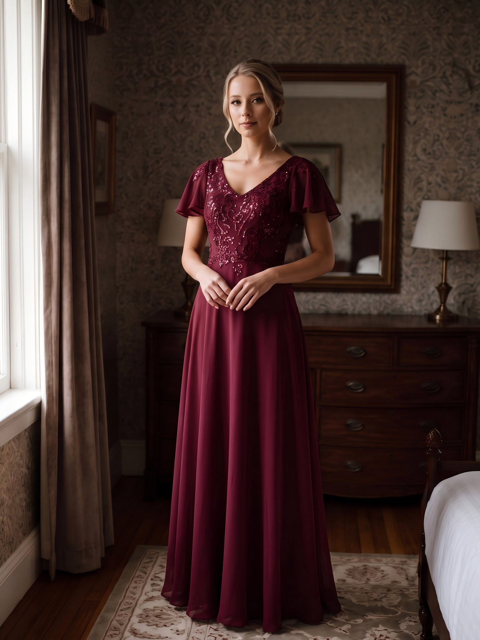 Robe longue extensibilité faible manches à volants décolleté en V profond applique coupe évasée #Couleur_Bordeaux
