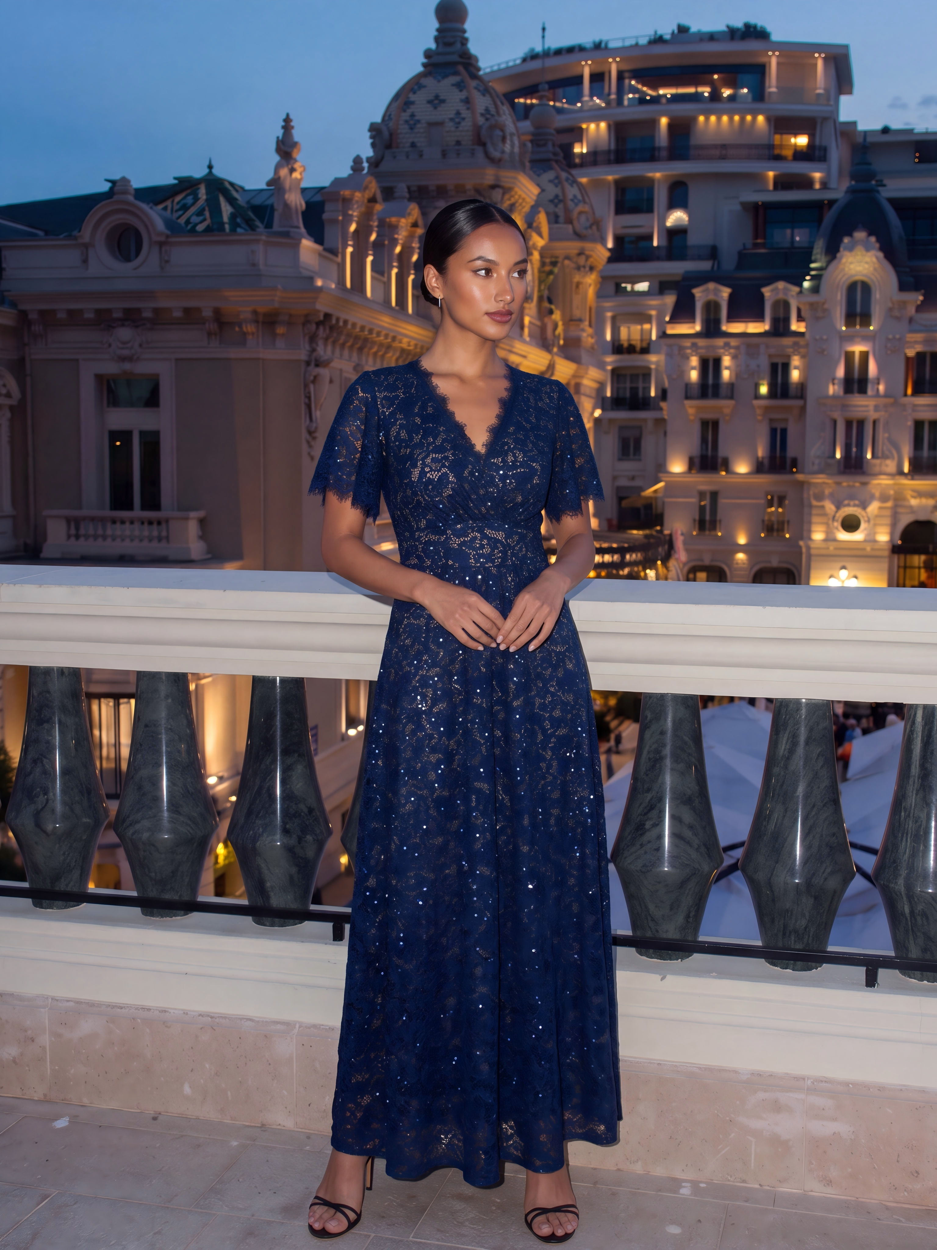 Robe longue à volants en sequins à manches courtes A ligne #Couleur_Bleu Marine