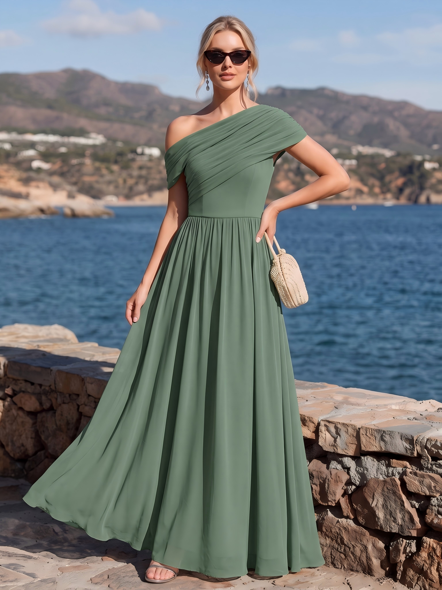 Robe longue asymétrique sans bretelles en A avec détail froncé #Couleur_Eukalyptus Grün