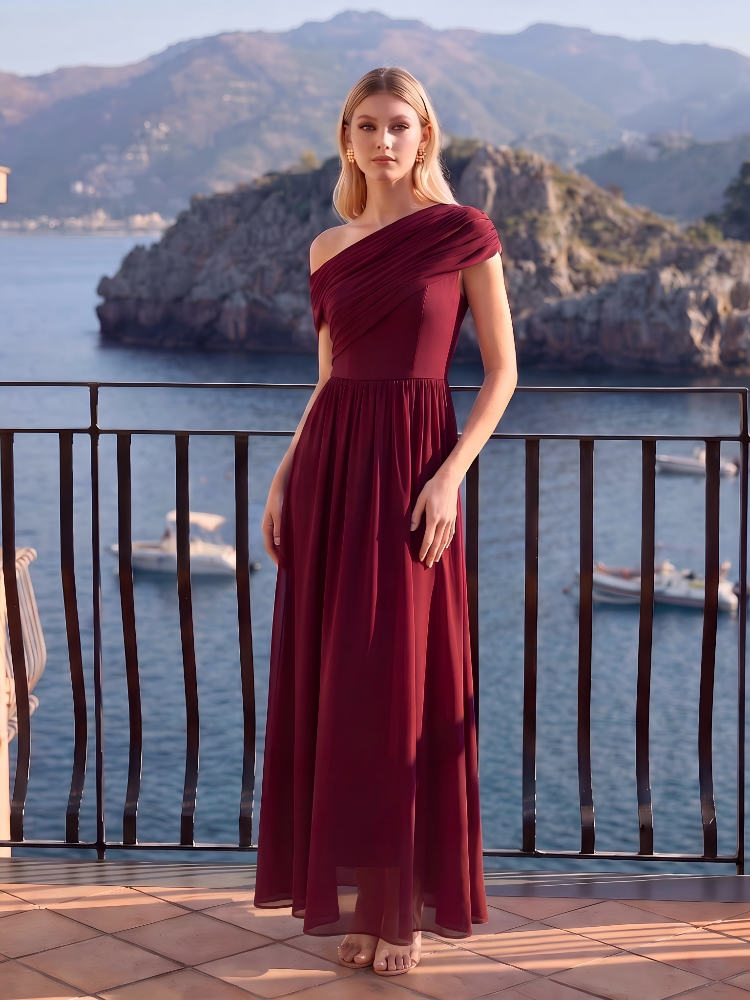 Robe longue asymétrique sans bretelles en A avec détail froncé #Couleur_Bordeaux