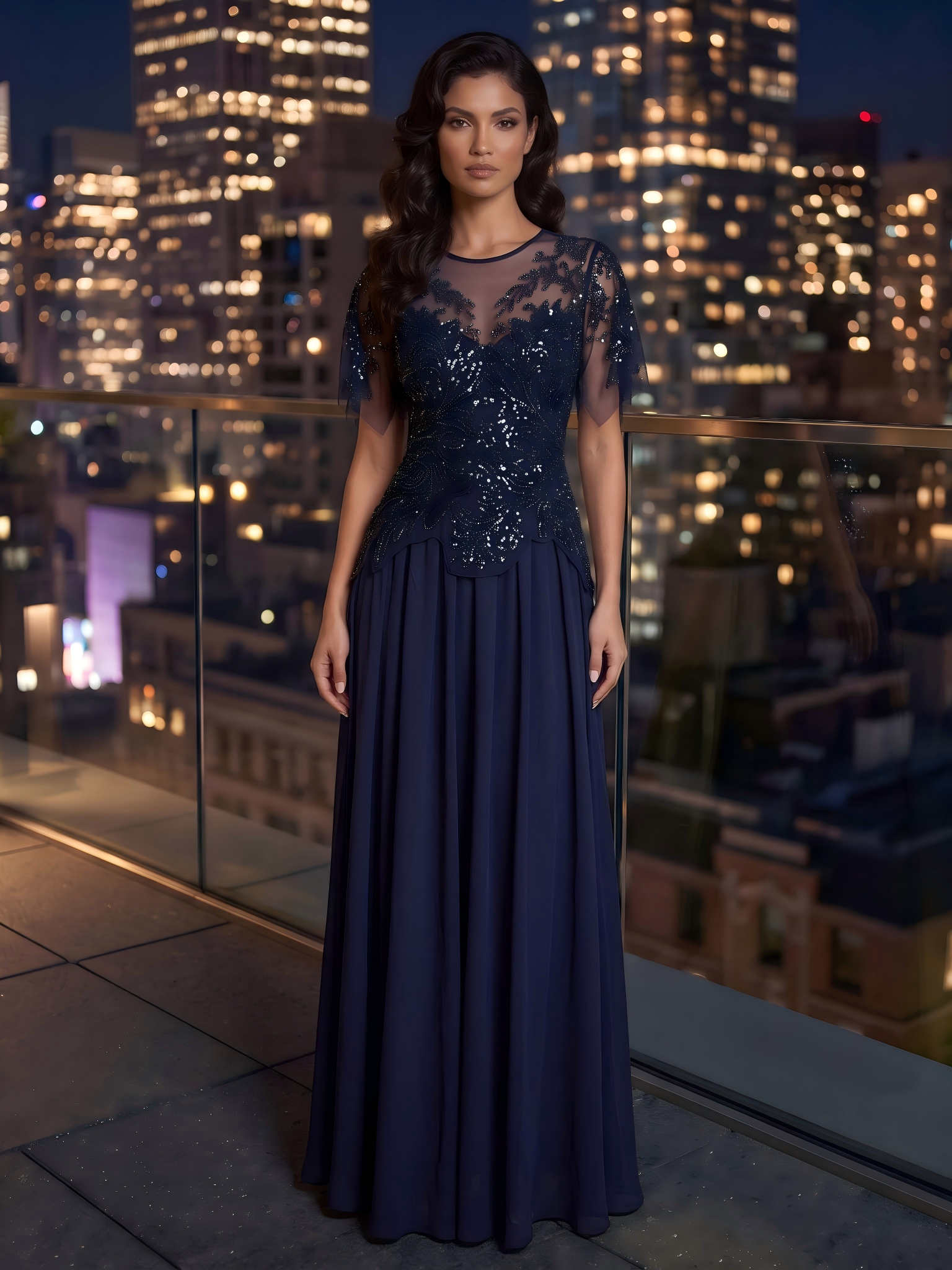 robe longue évasée à manches courtes avec volants sequins et broderies #Couleur_Bleu Marine