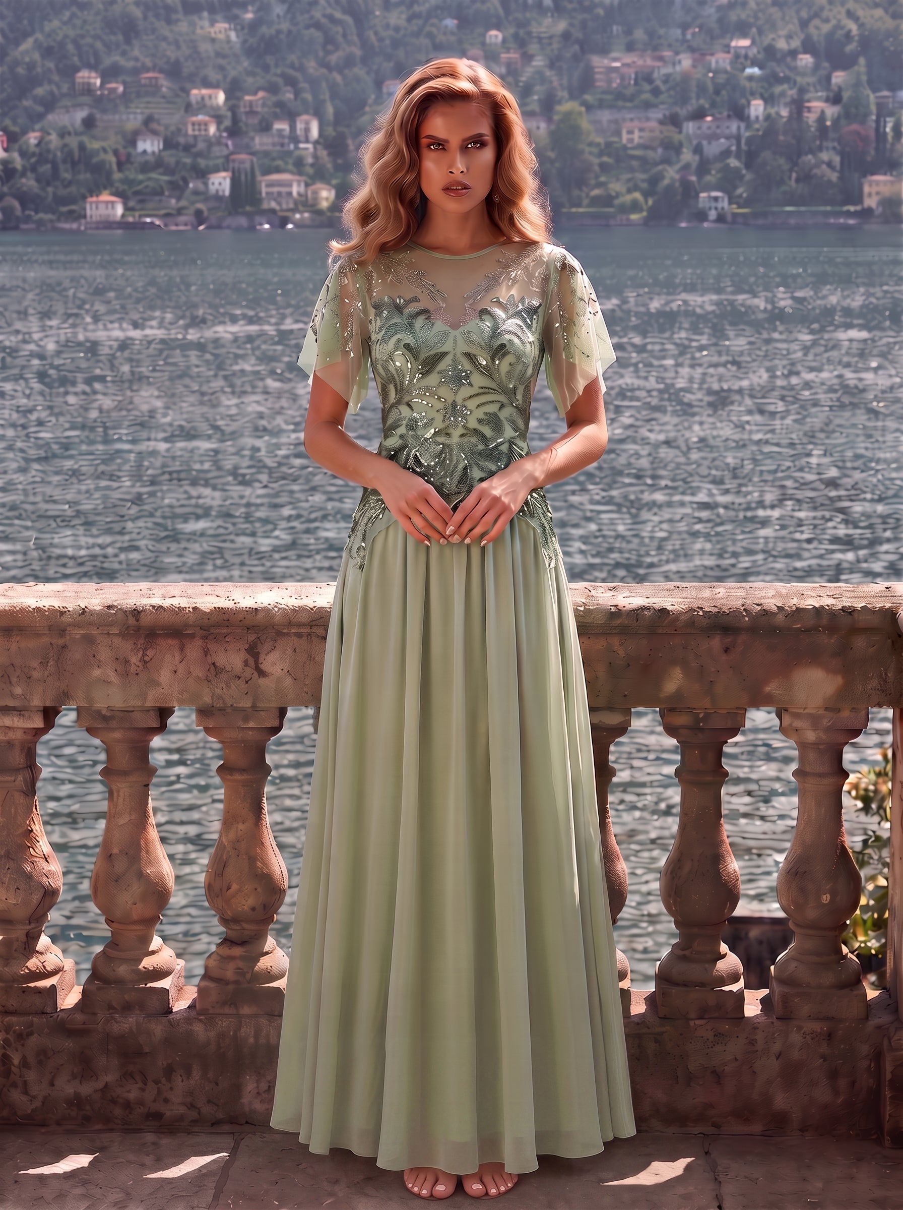 robe longue évasée à manches courtes avec volants sequins et broderies #Couleur_Menthe Verte