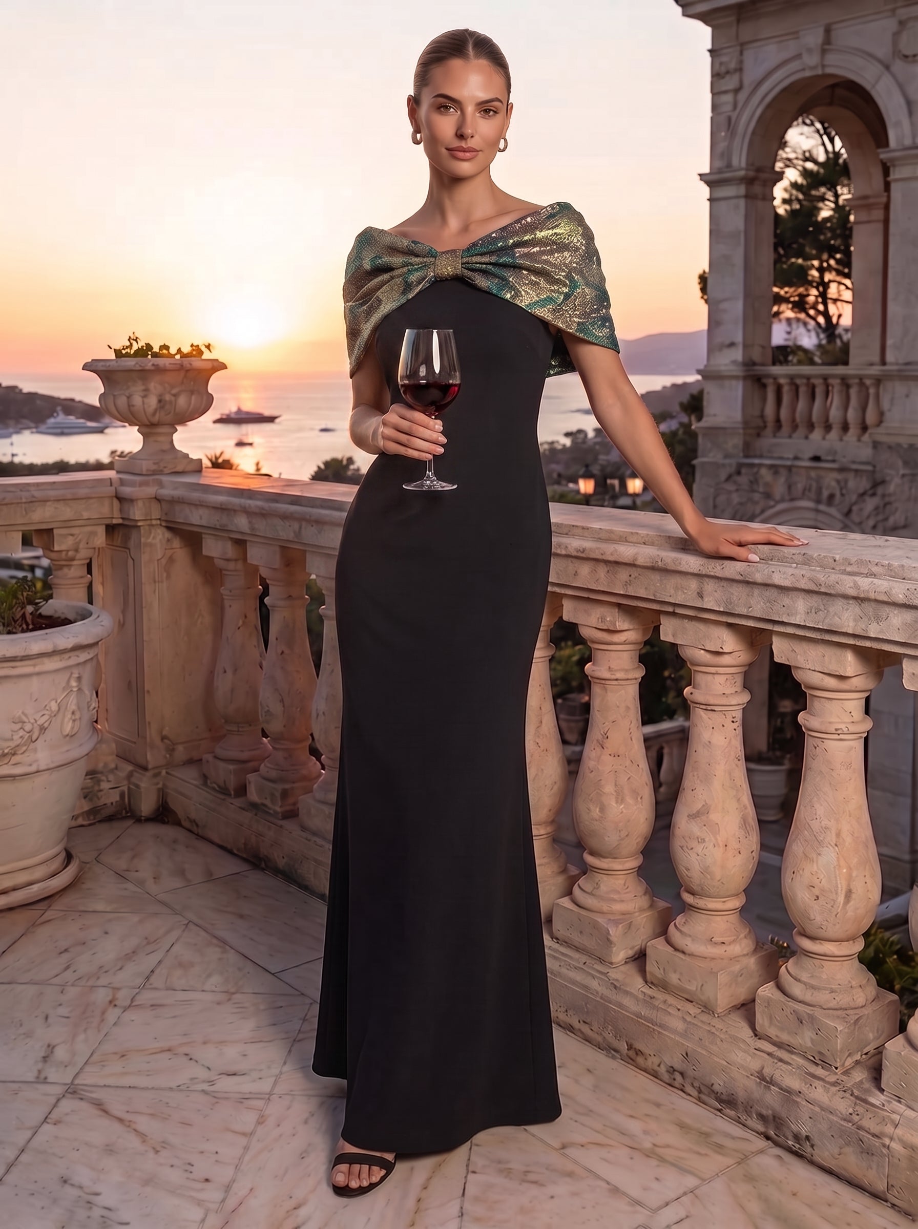 robe maxi bodycon ¨¤ manches courtes et d¨¦collet¨¦ en V #Couleur_Vert foncé/Or