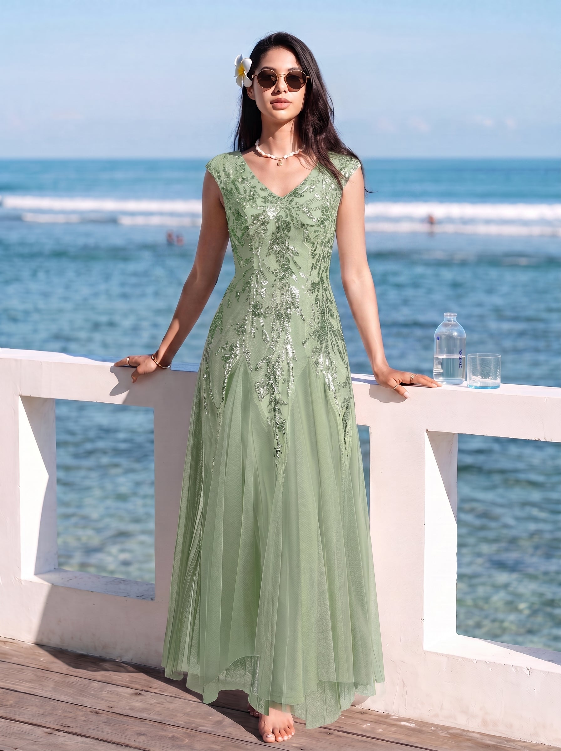 robe longue sans manches décolletée en V brodée de fleurs en A #Couleur_Menthe Verte