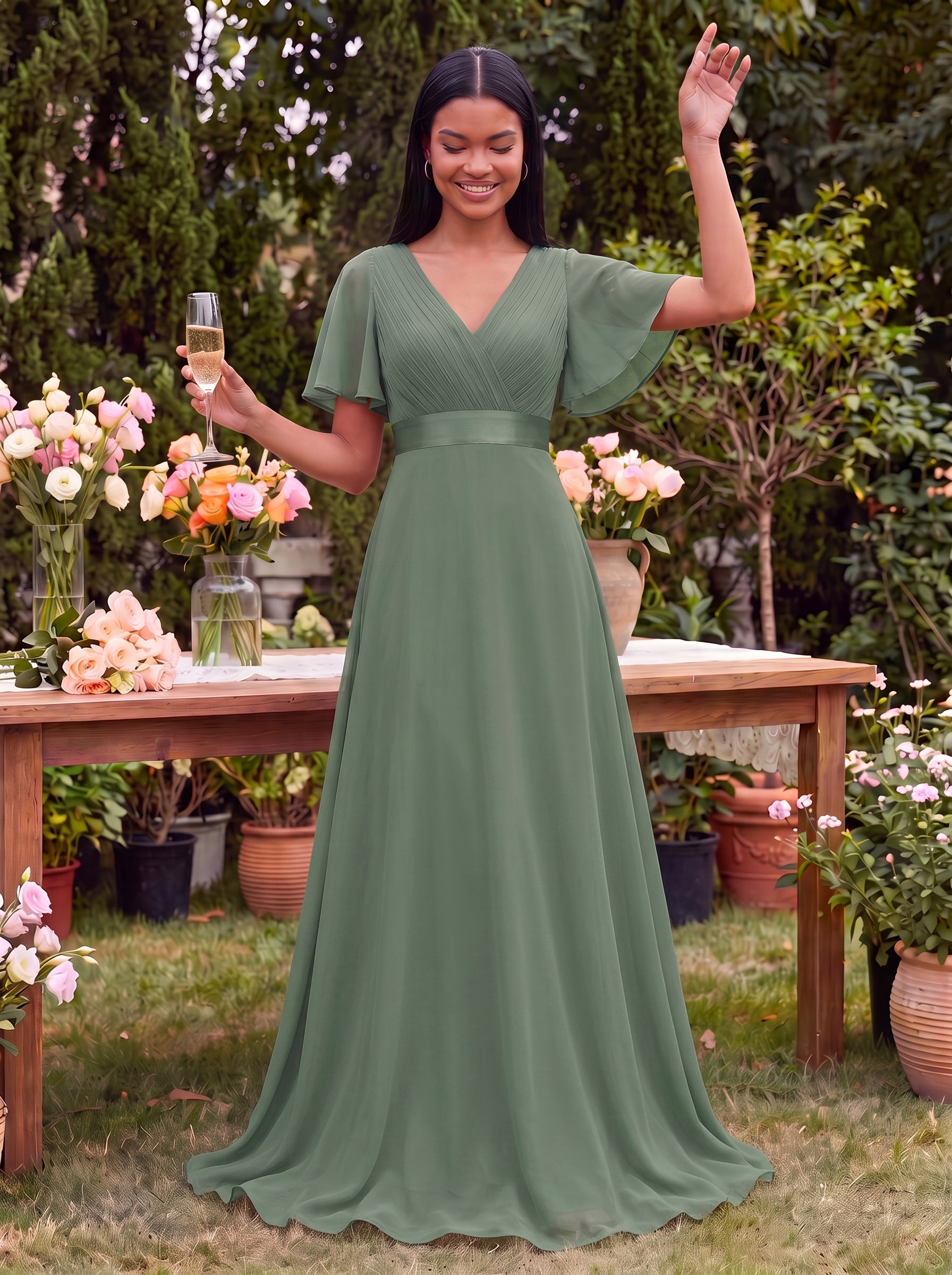 Robe D'invité De Mariage En Mousseline De Soie Mi-Longue Plissée à Manches à Volants Et Col En V #Couleur_Eucalyptus
