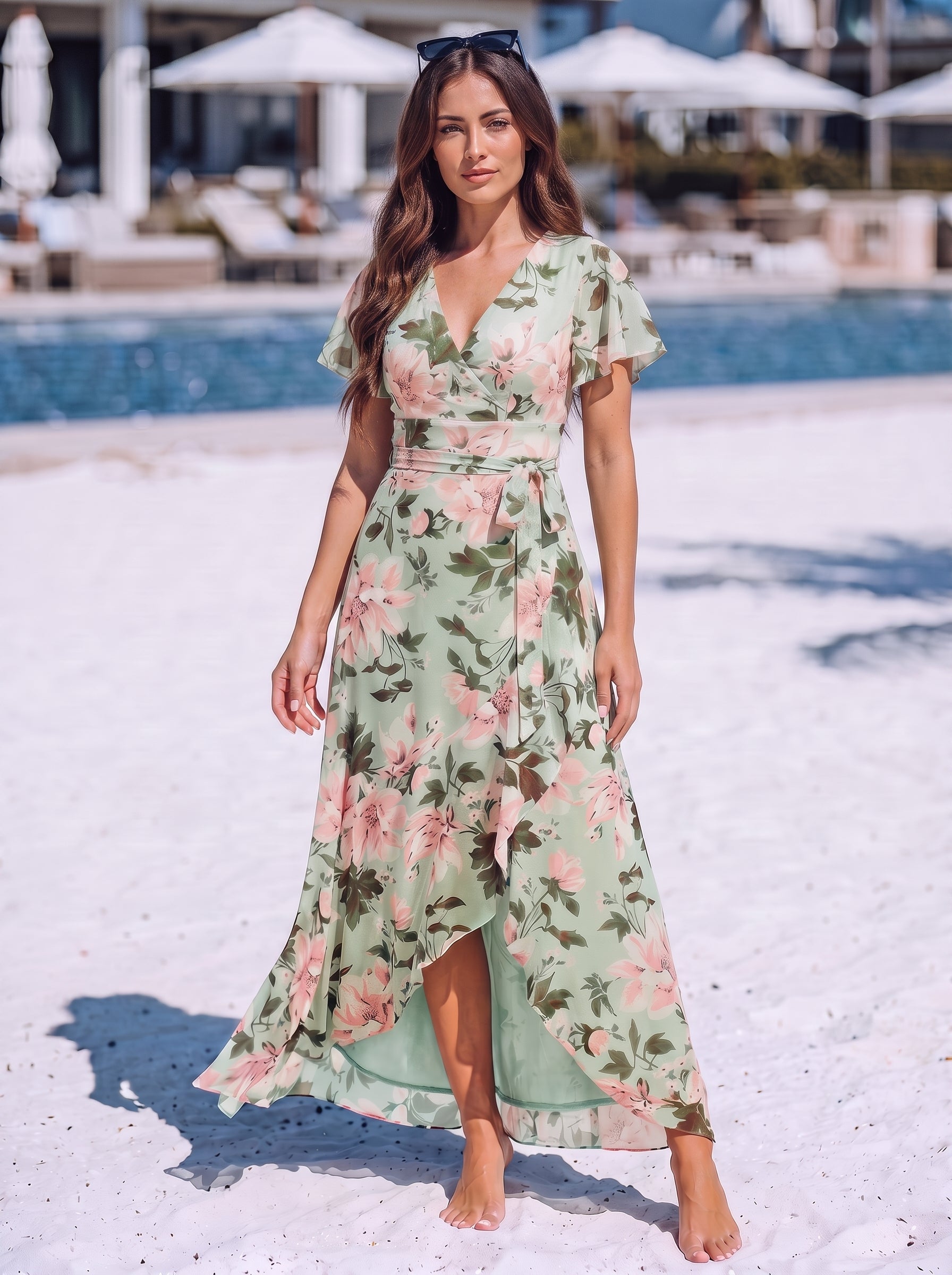 Robe fleurie asymétrique pour demoiselle d'honneur à col V et manches volantées
