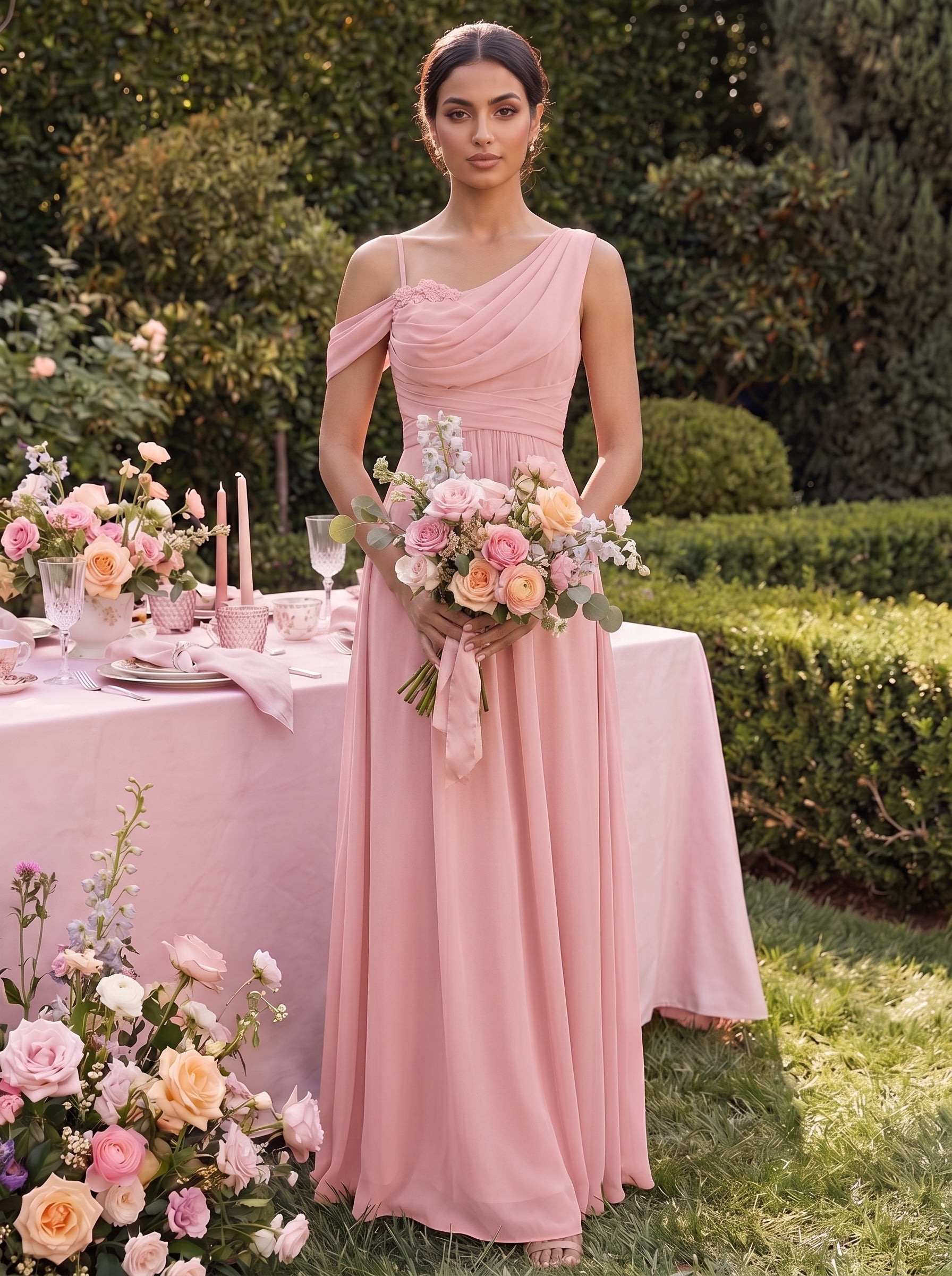 Robe longue asymétrique à sequins à manches courtes en forme de A #Couleur_Rose fumee
