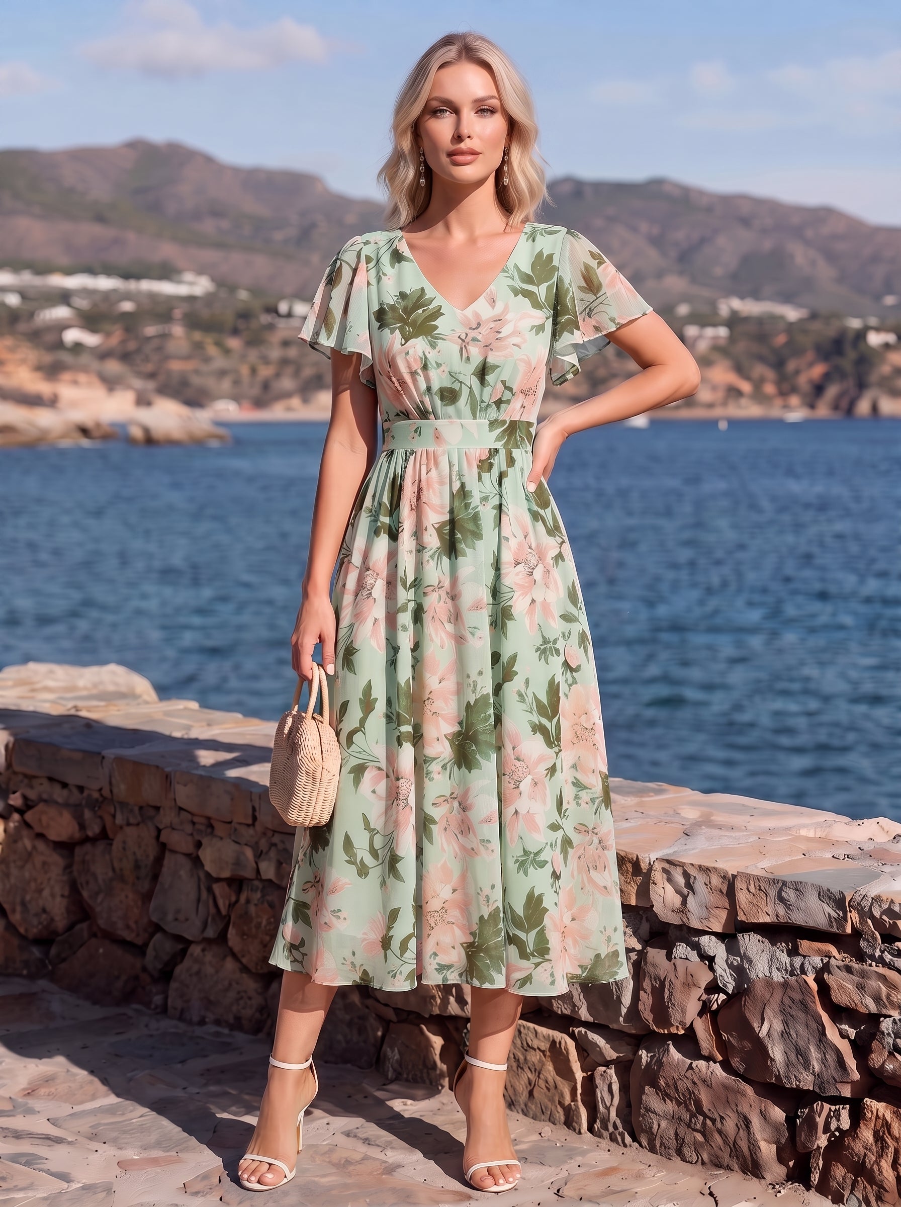 robe midi à manches courtes en V sans élasthanne avec des manches volantes #Couleur_Vert clair à fleurs