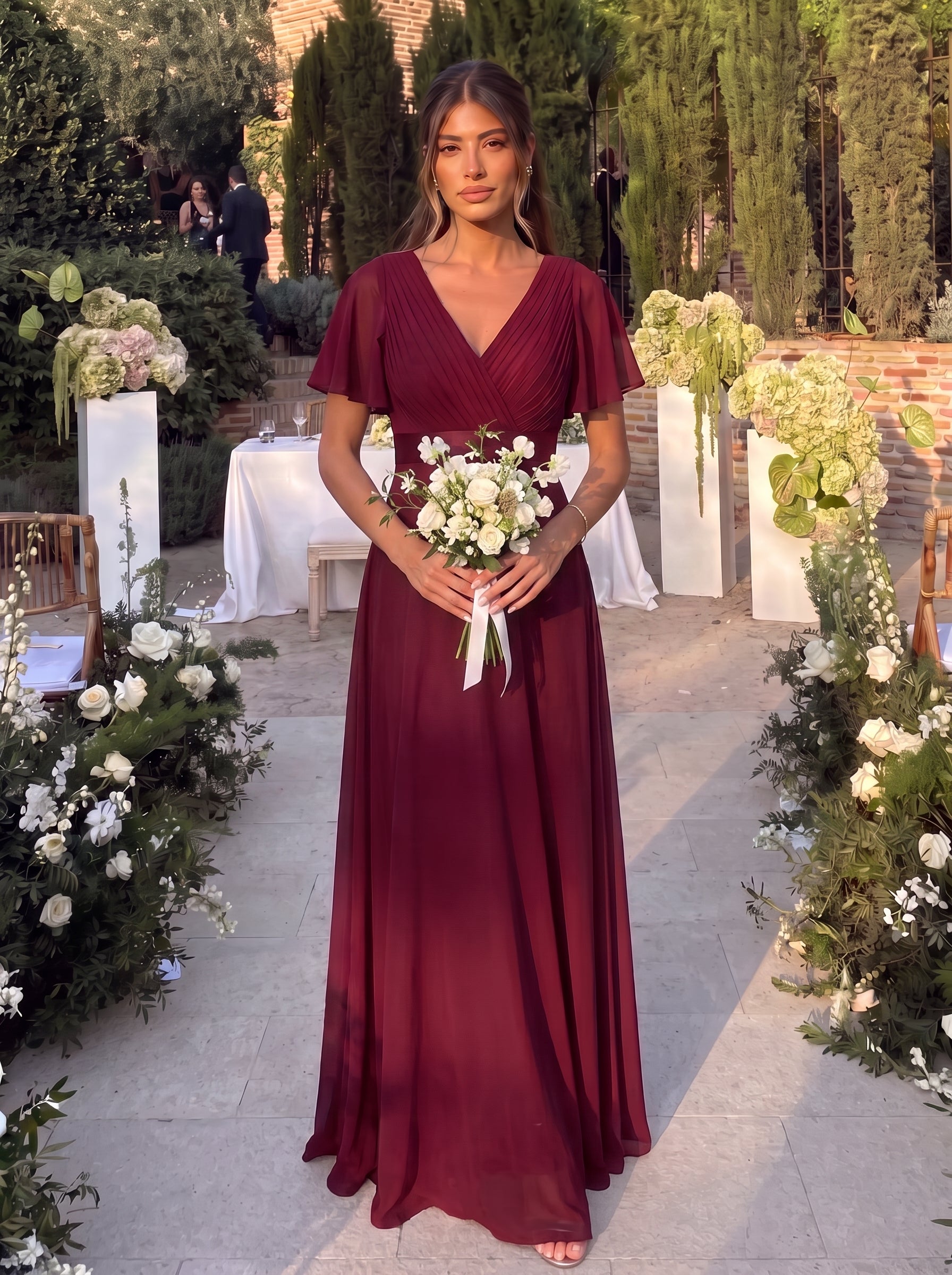 Robe mariage invitée fluide élégante en mousseline à taille haute #Couleur_Bordeaux