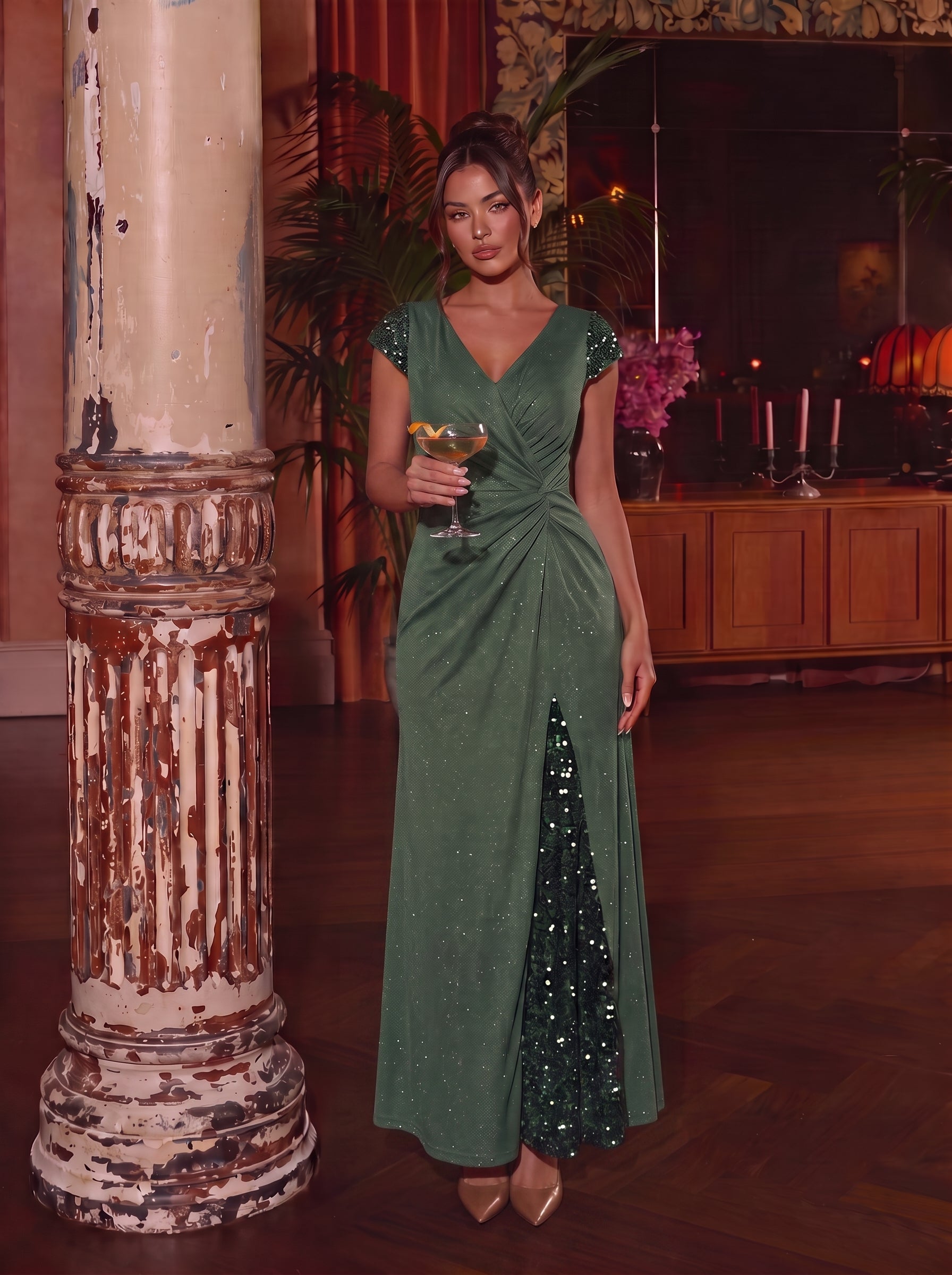 Robe moulante à manches courtes en stretch élevé avec décolleté en V noué et détails en sequins #Couleur_Eucalyptus