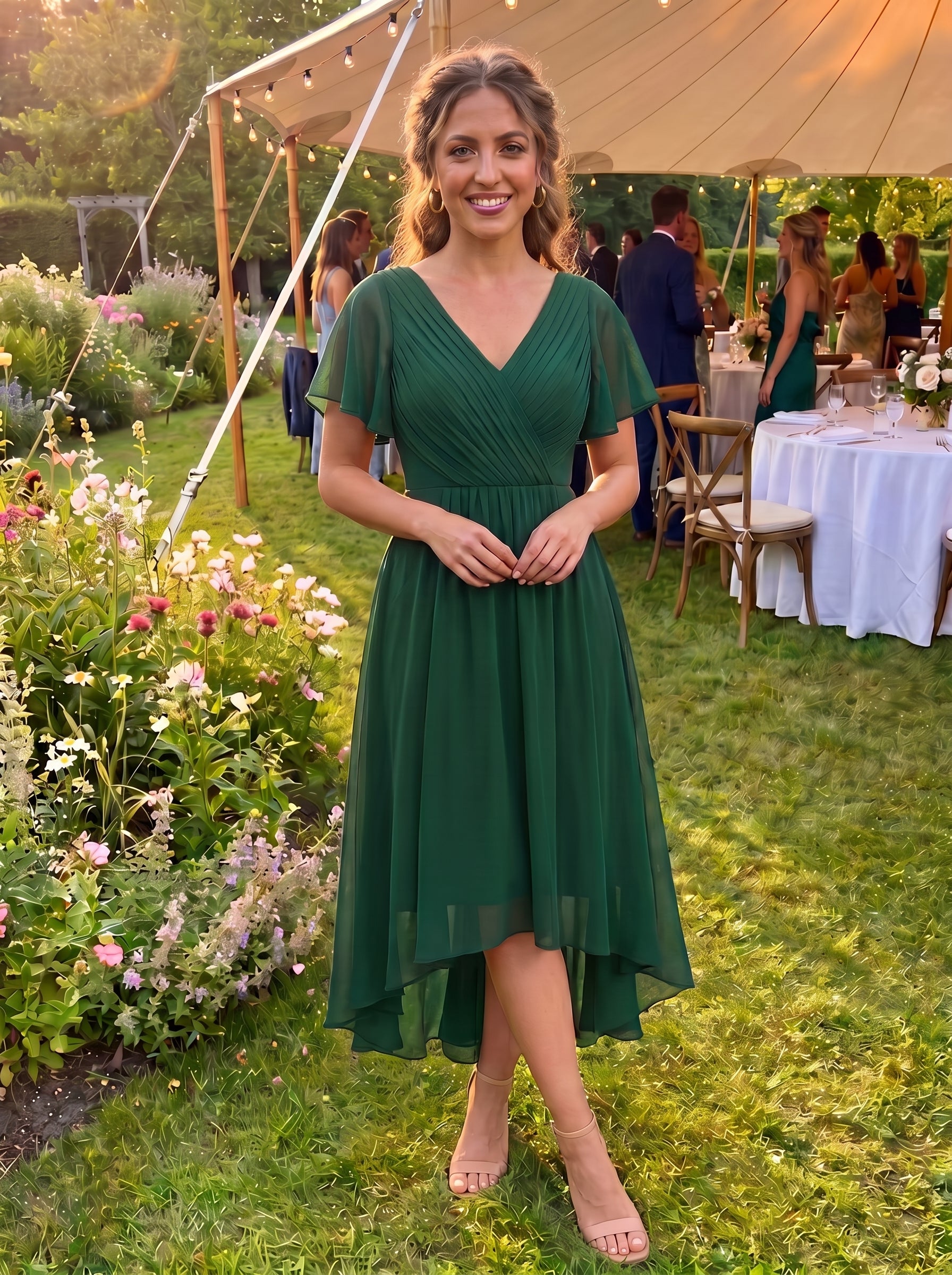 Robe d'invité de mariage chic à col en V #Couleur_Vert Fonce