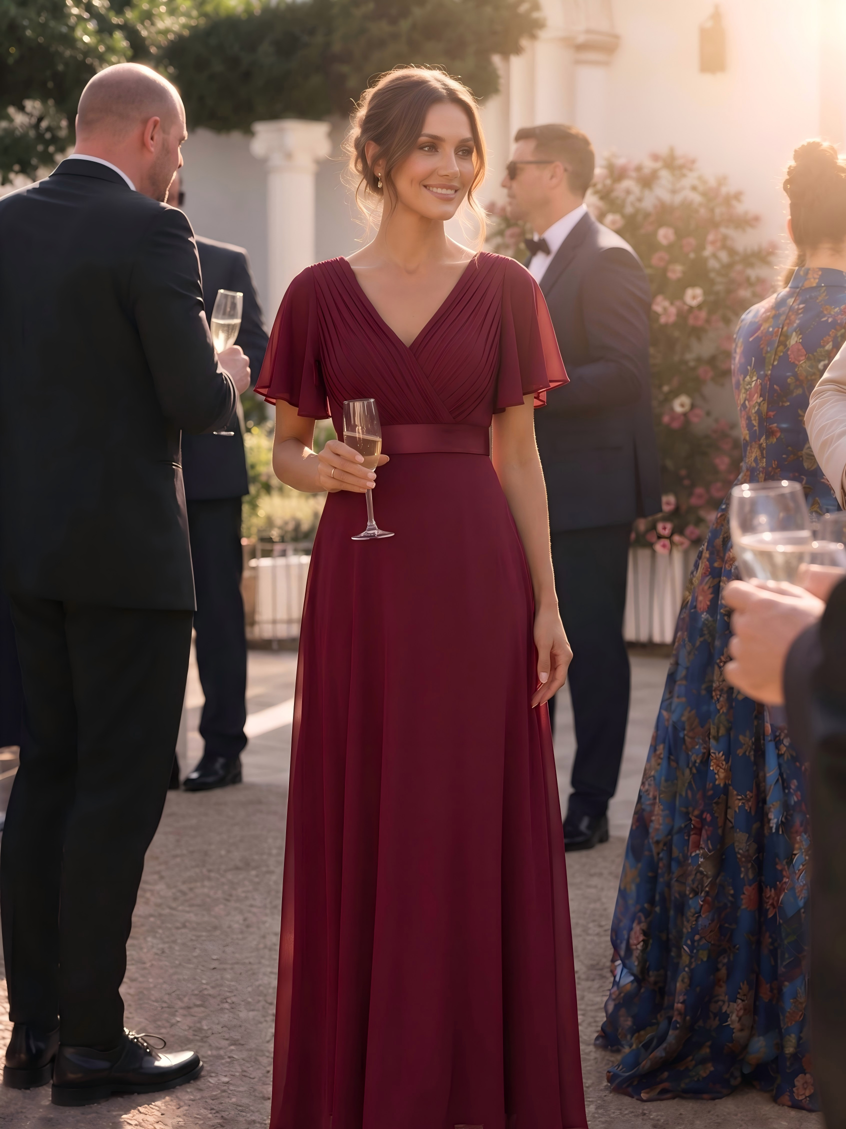 Robe mariage invitée fluide élégante en mousseline à taille haute #Couleur_Bordeaux
