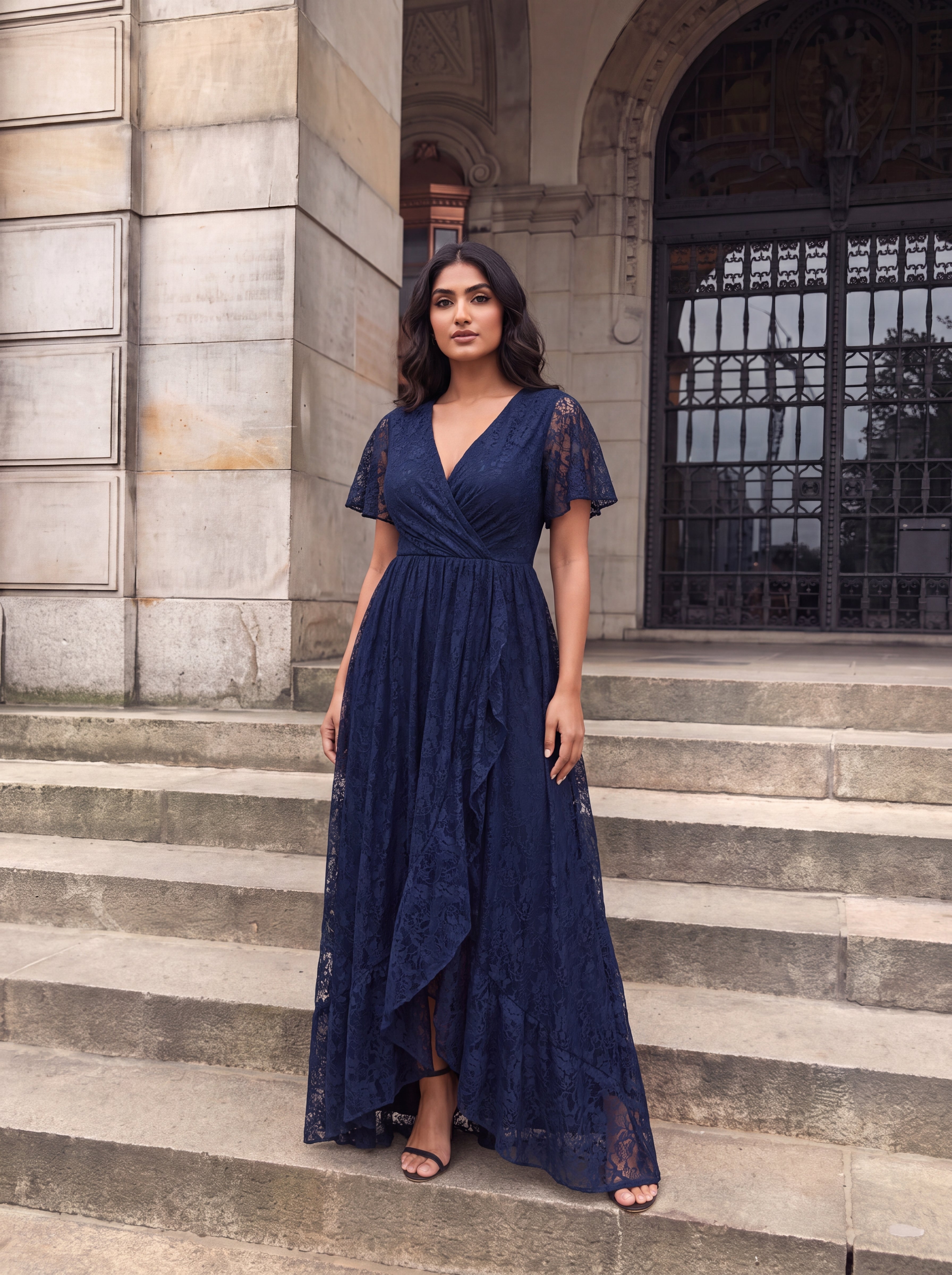 Robe de soirée en dentelle plissée à manches courtes et col en V Grande taille #Couleur_Bleu Marine