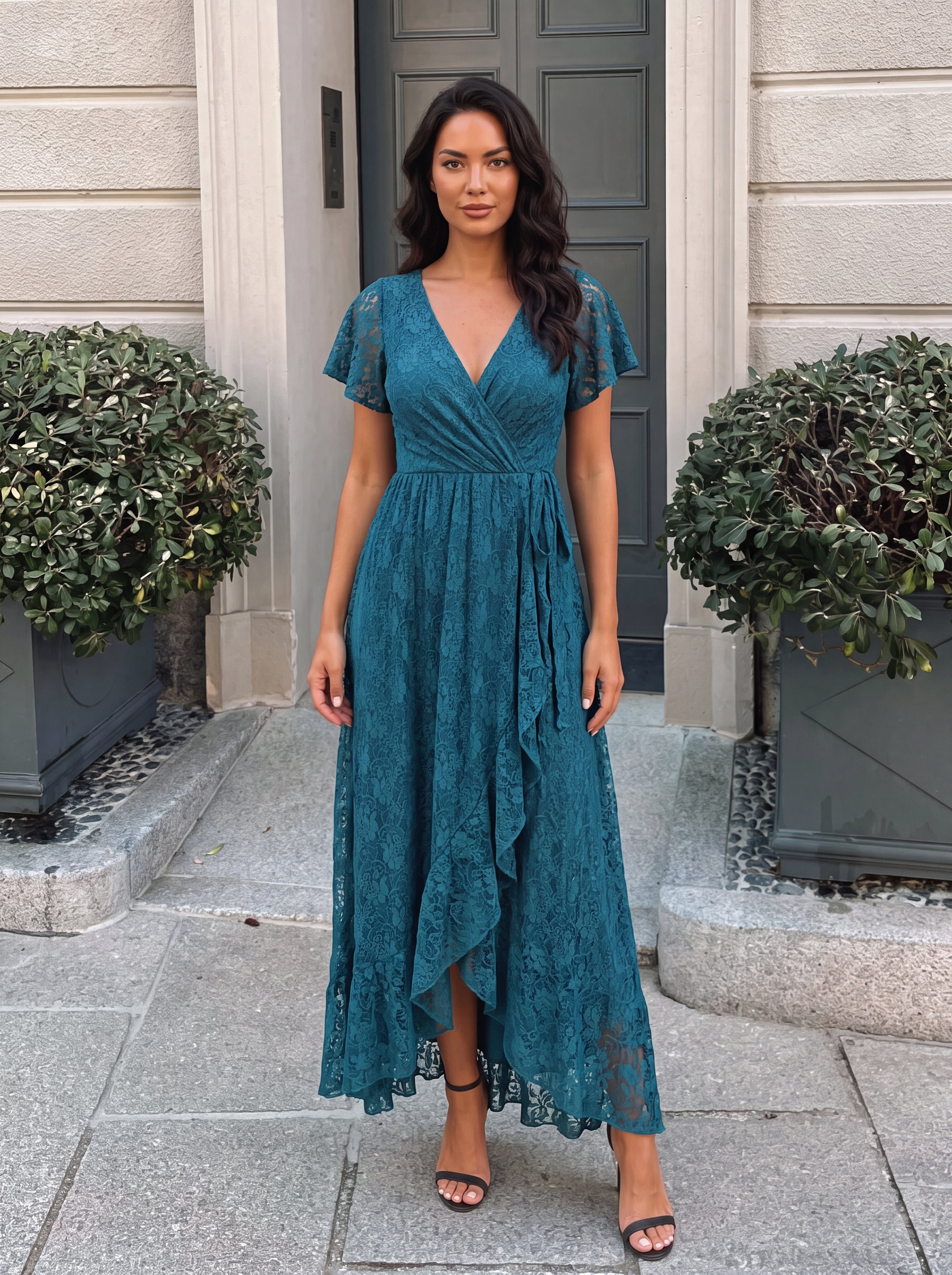 Robe de soirée en dentelle plissée à manches courtes et col en V #Couleur_Bleu Sarcelle