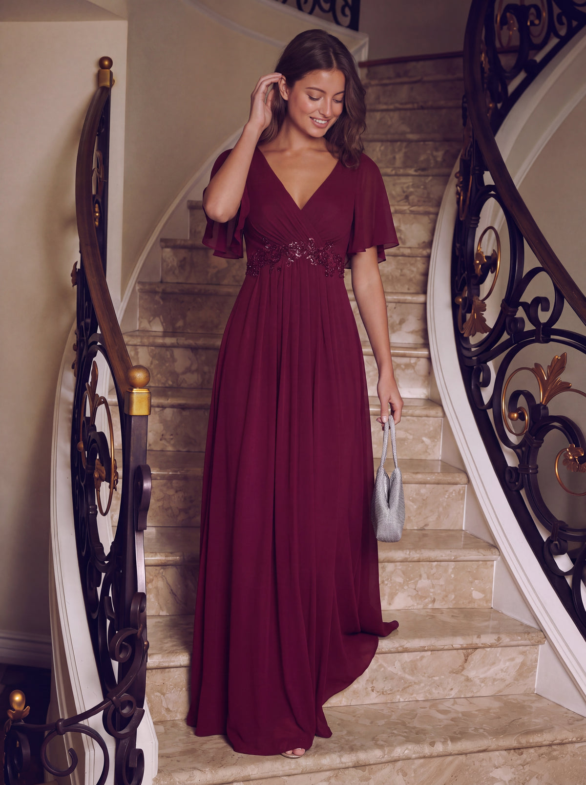 Robe de soirée élégante en mousseline de soie avec manches flottantes#Couleur_Bordeaux