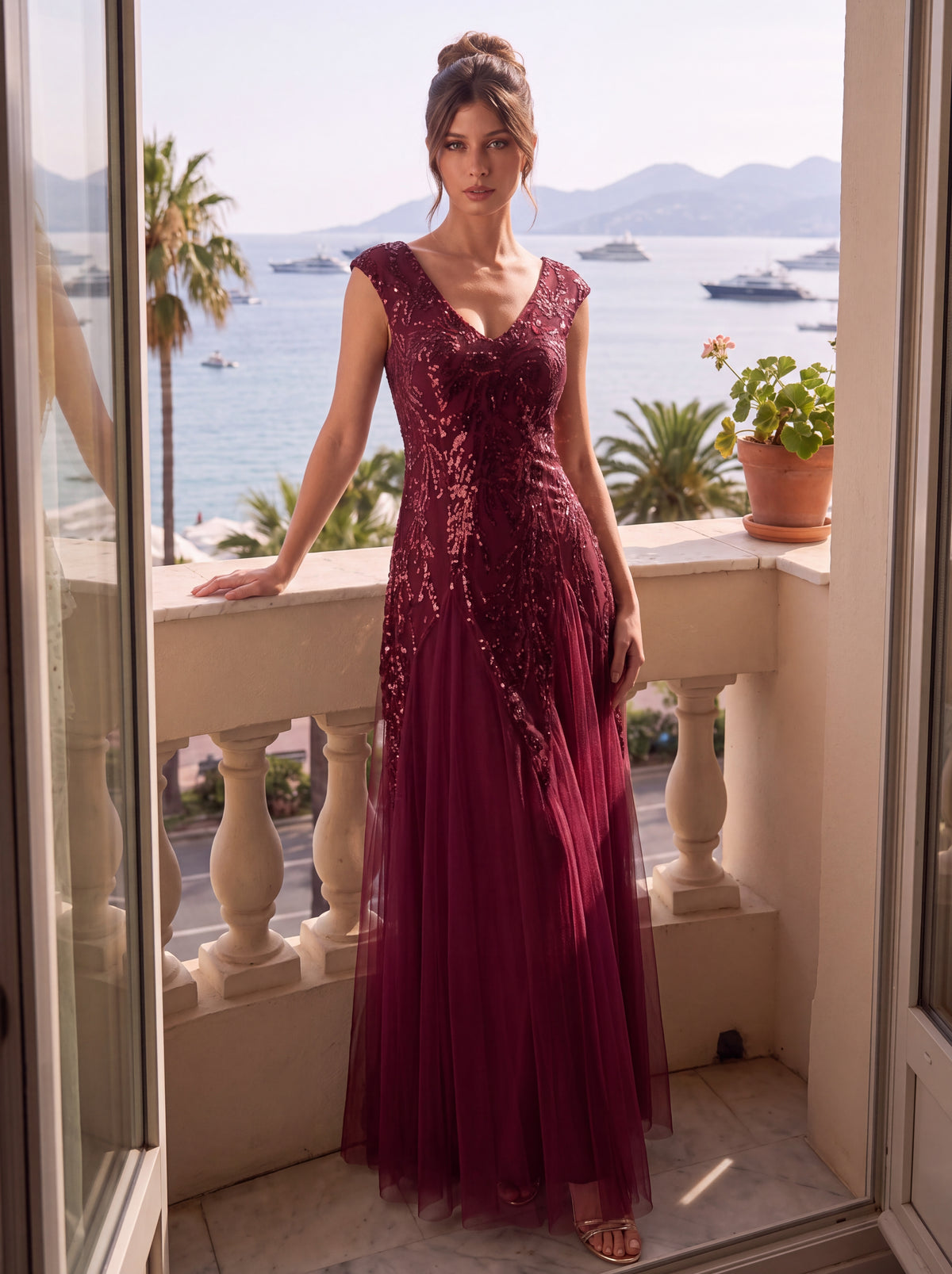 robe longue sans manches décolletée en V brodée de fleurs en A #Couleur_Bordeaux