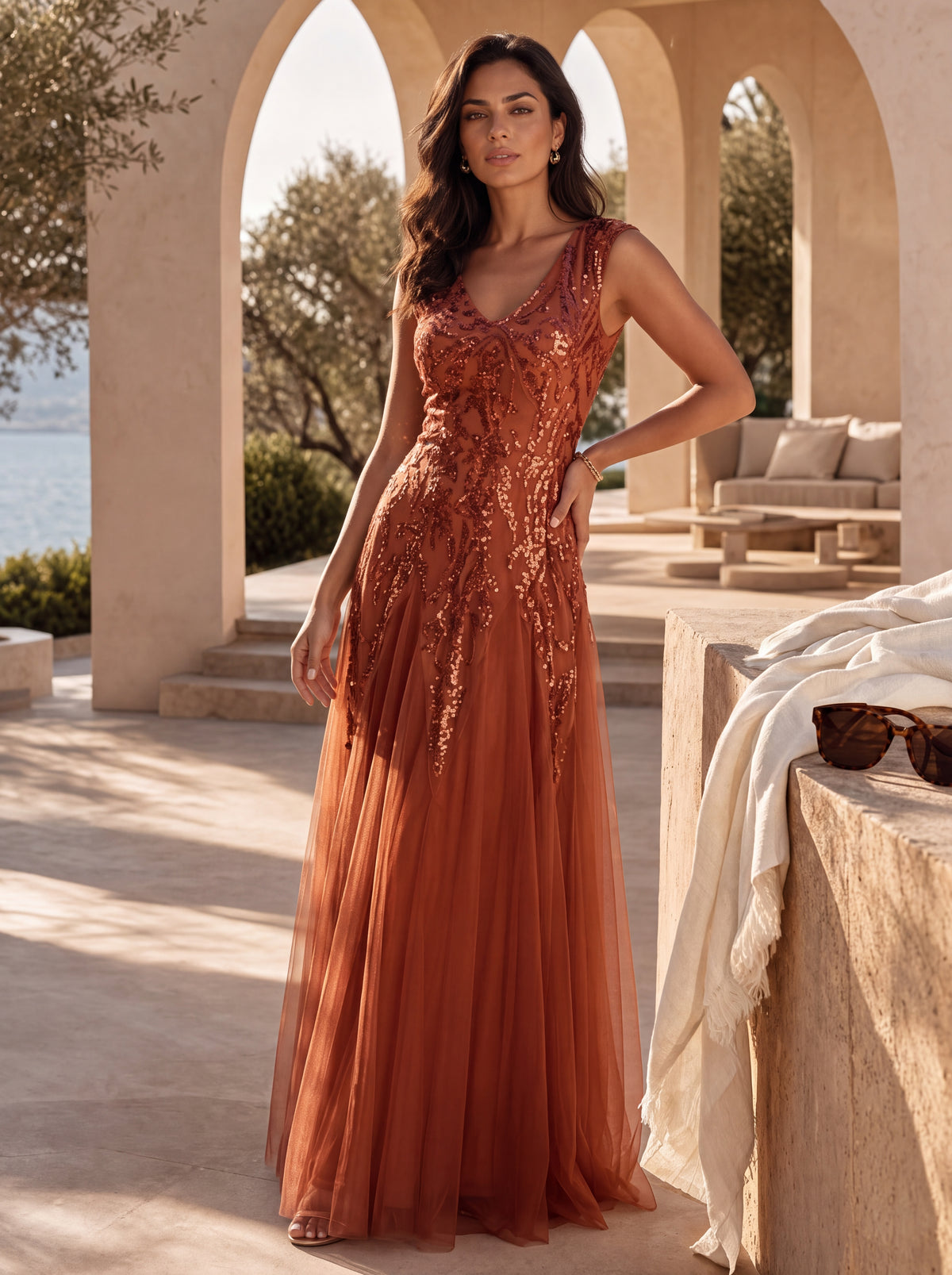 robe longue sans manches décolletée en V brodée de fleurs en A #Couleur_Burnt Orange