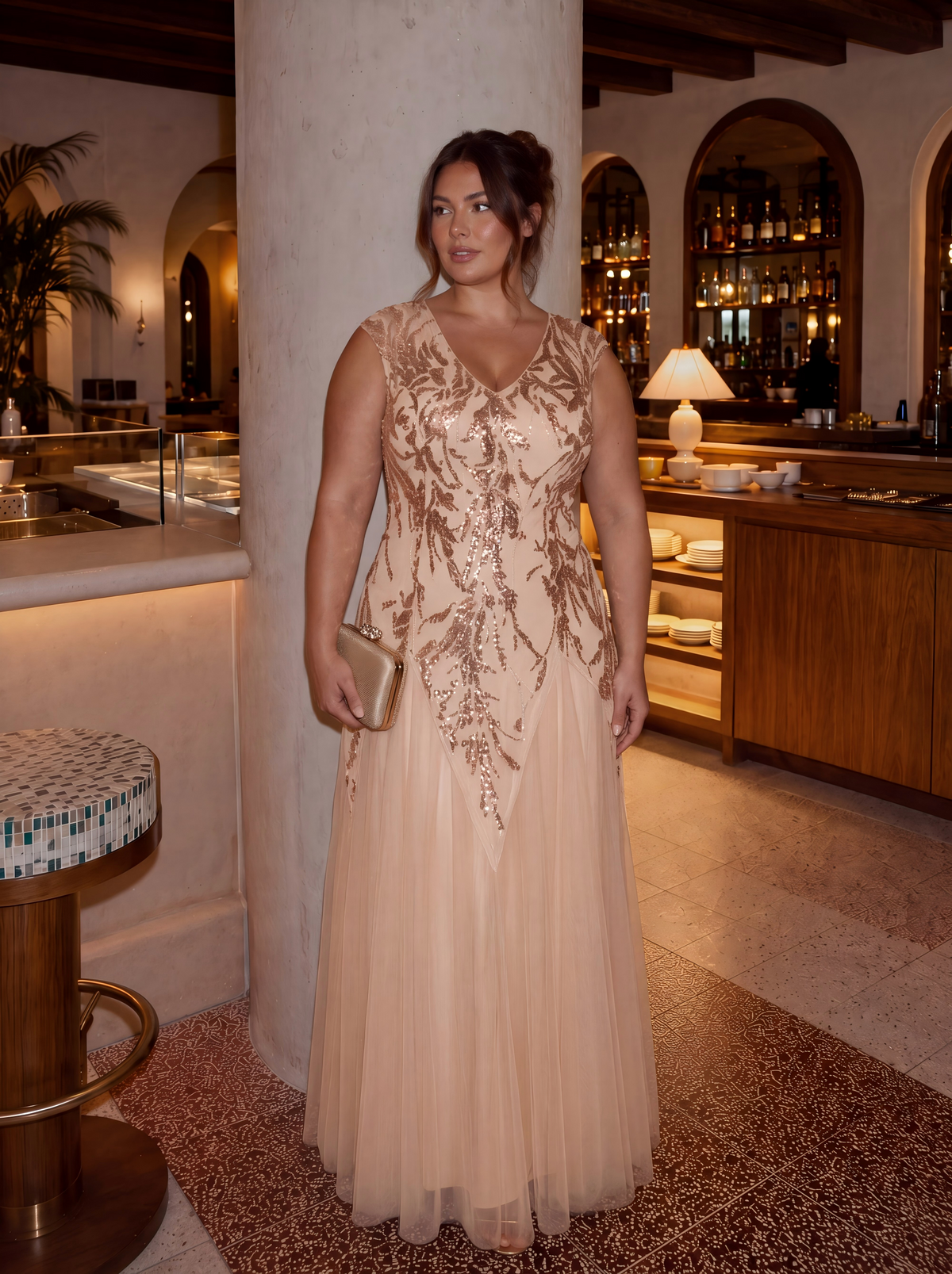robe longue sans manches décolletée en V brodée de fleurs en A #Couleur_Dorée