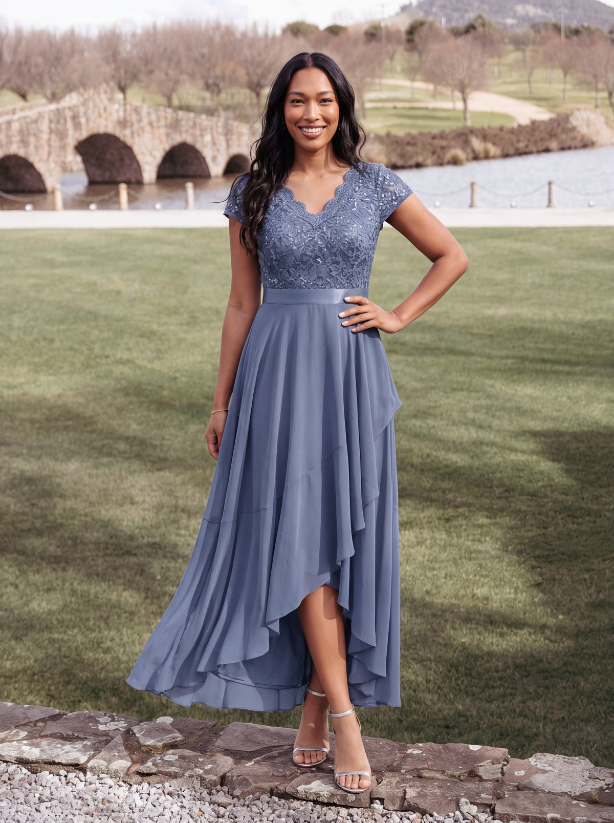 robe asymétrique à encolure en V profonde à manches courtes avec volants et patchwork à ourlet haut bas #Couleur_Marine Fume
