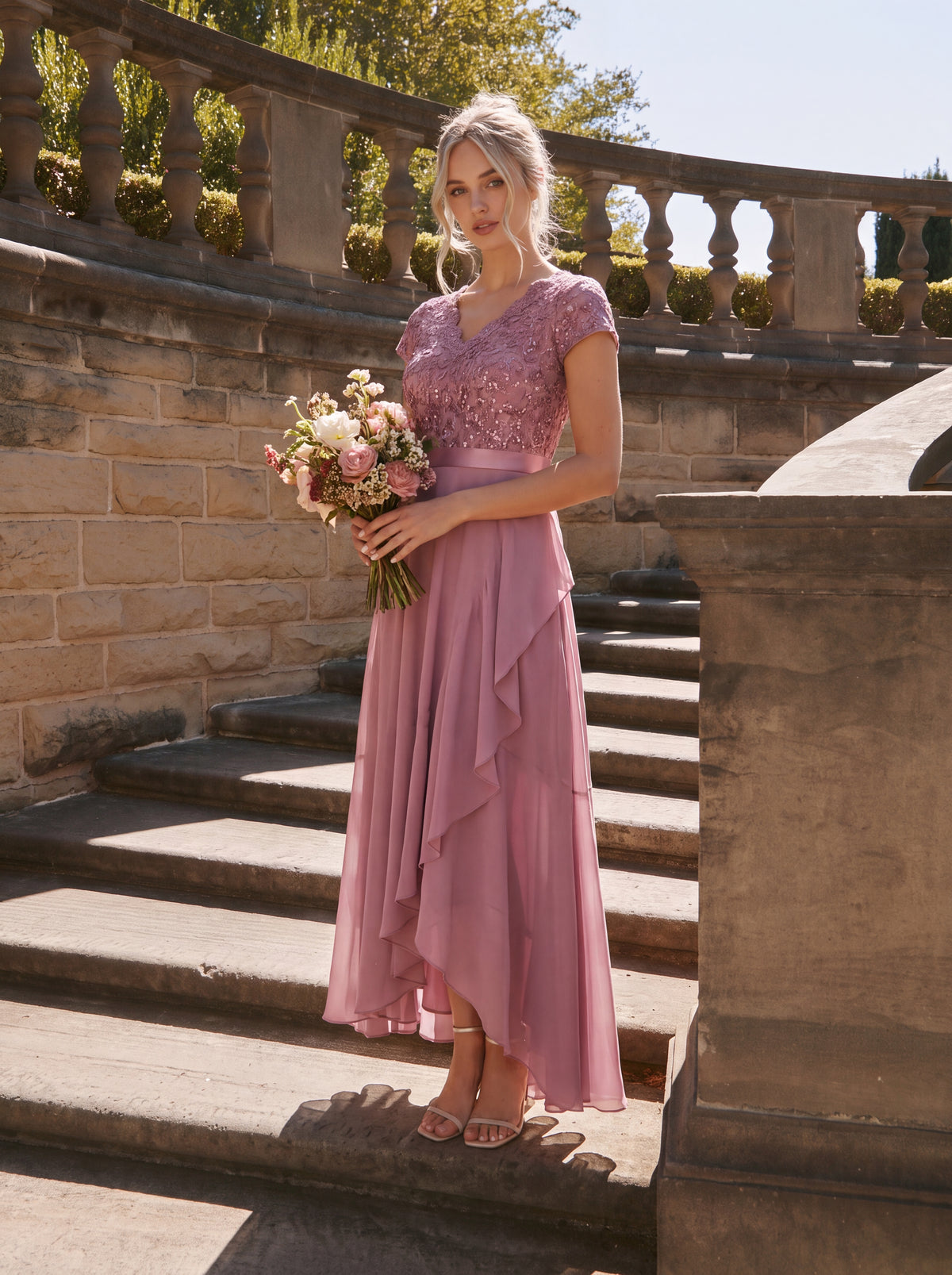 robe asymétrique à encolure en V profonde à manches courtes avec volants et patchwork à ourlet haut bas #Couleur_Orchidee