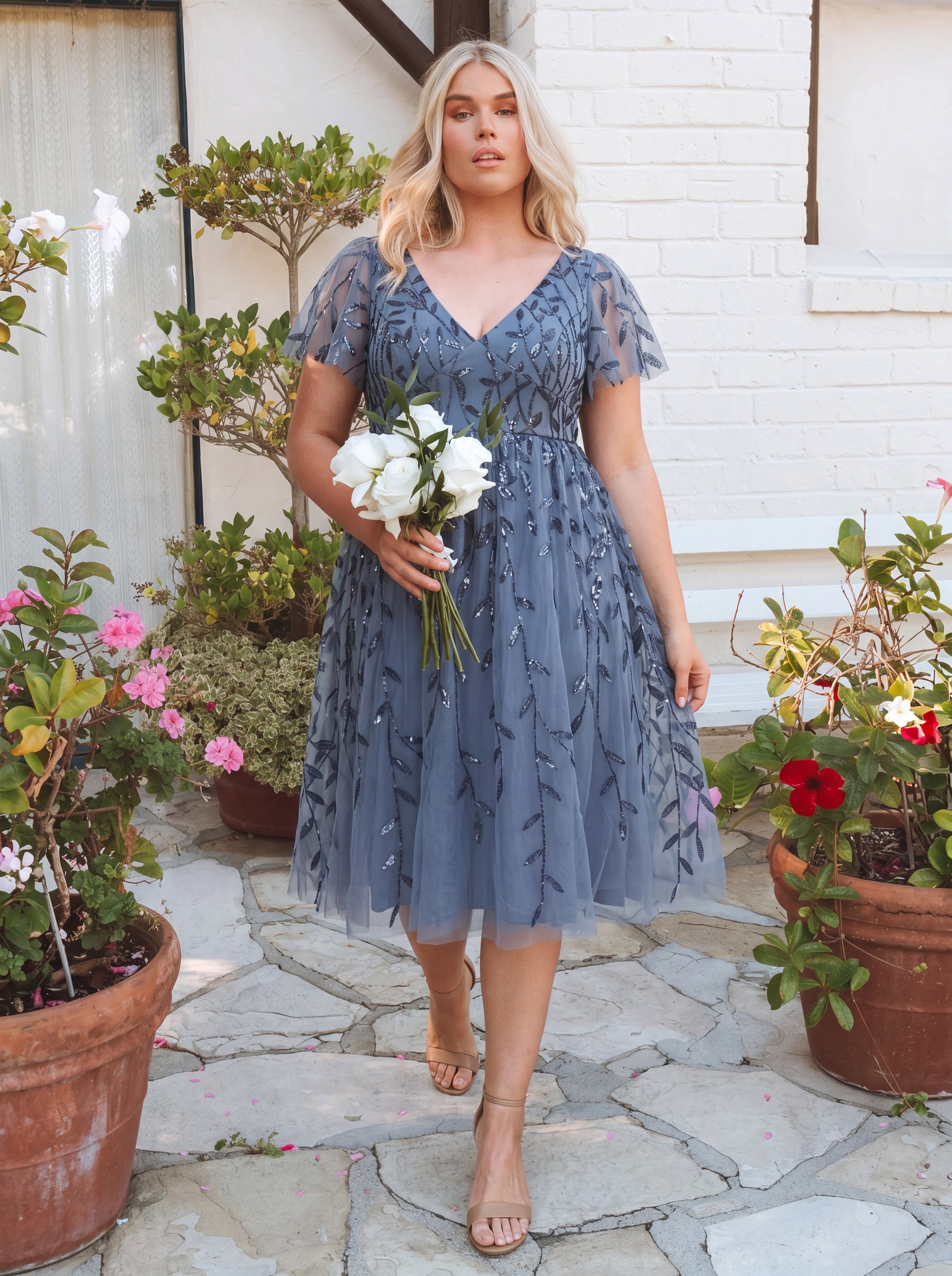 Robe d'invité de mariage formelle mi-longue à paillettes et feuilles à manches courtes #Couleur_Marine Fume