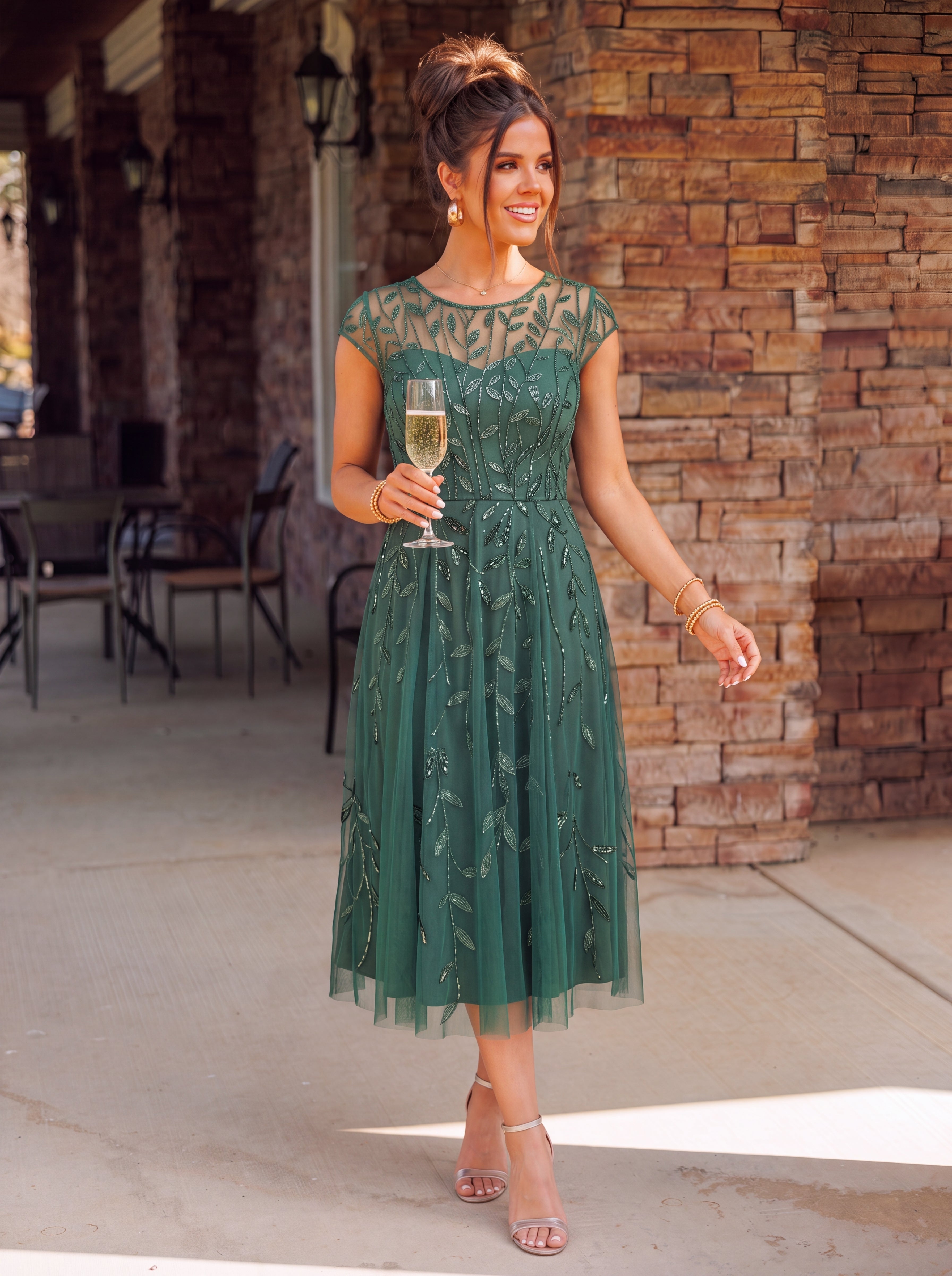 Robe d'invité de mariage formelle mi-longue à paillettes et feuilles à manches courtes #Couleur_Vert Fonce