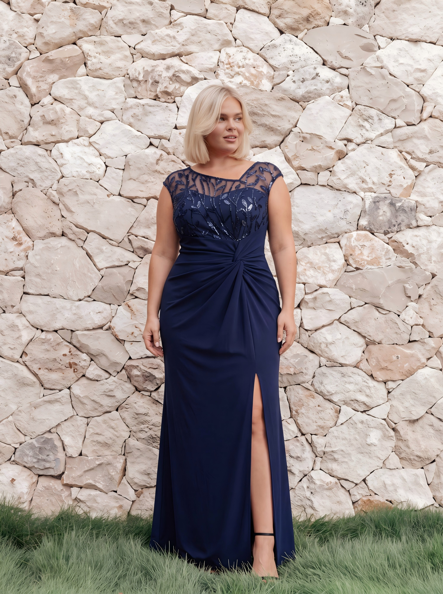 Robe longue moulante asymétrique à manches courtes en sequins extensibles #Couleur_Bleu Marine