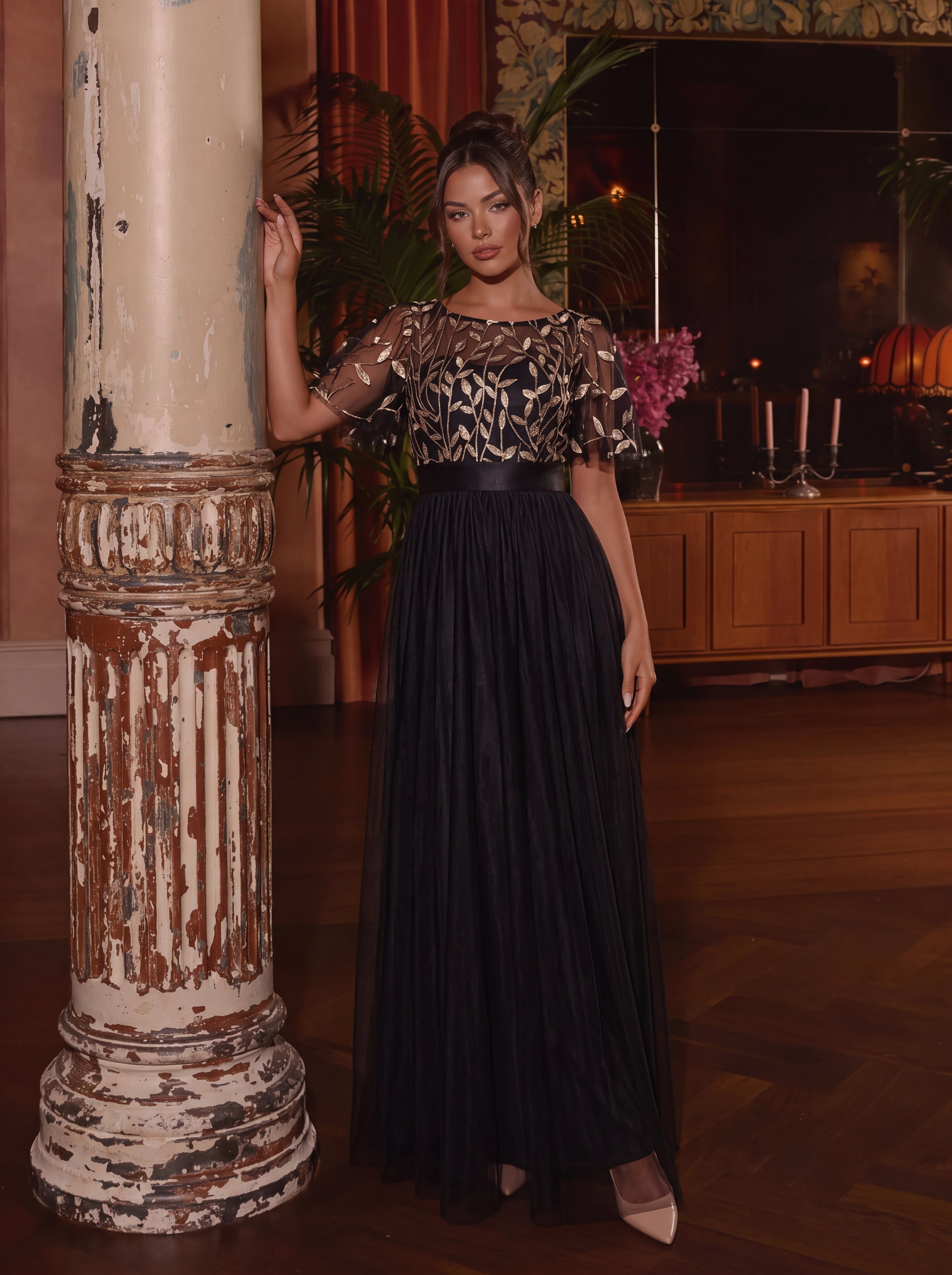 Robe de demoiselle d'honneur Brodées à manches courtes en ligne A pour femmes #Couleur_Noir & Or