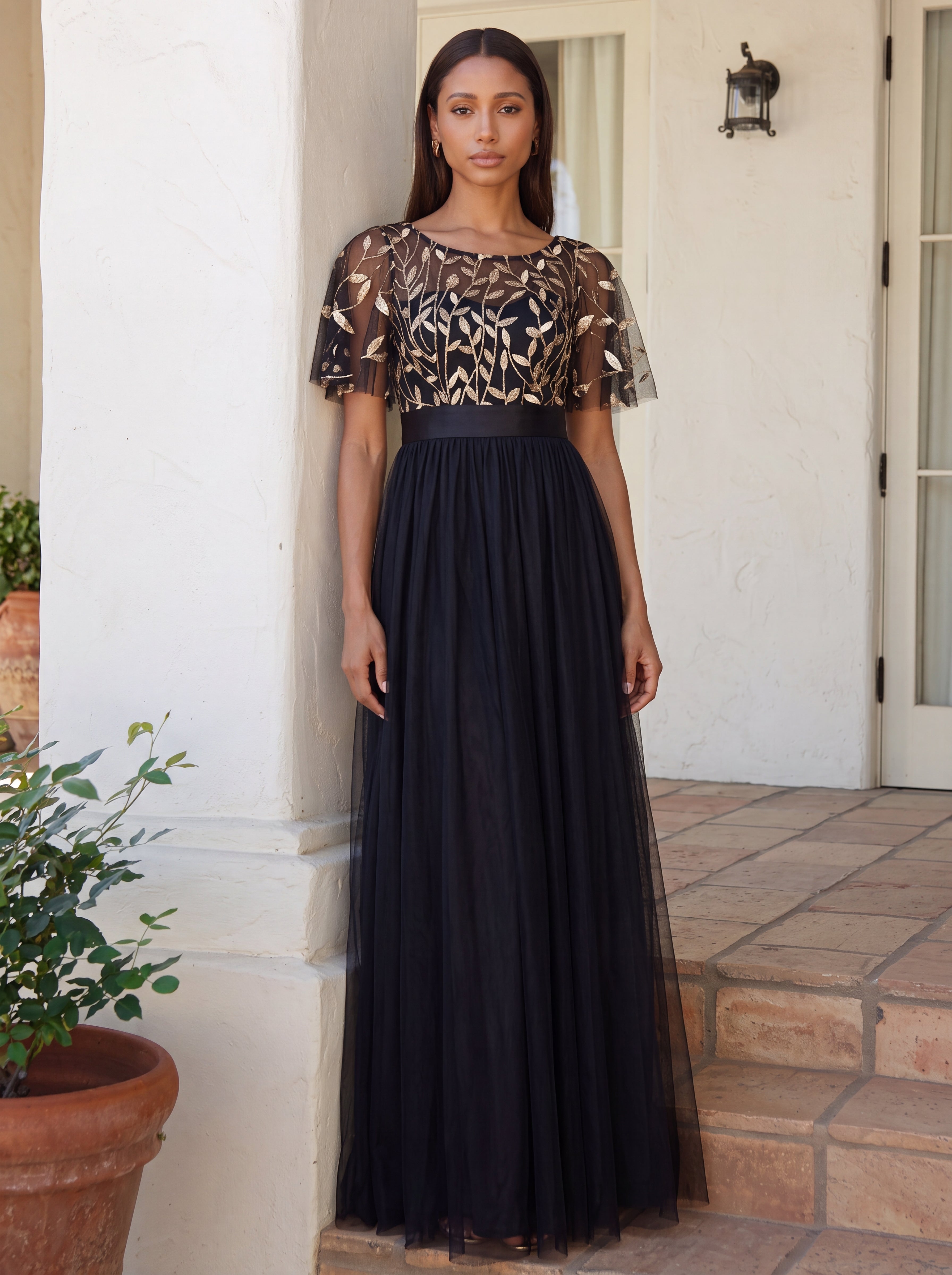 Robe de demoiselle d'honneur Brodées à manches courtes en ligne A pour femmes #Couleur_Noir & Or