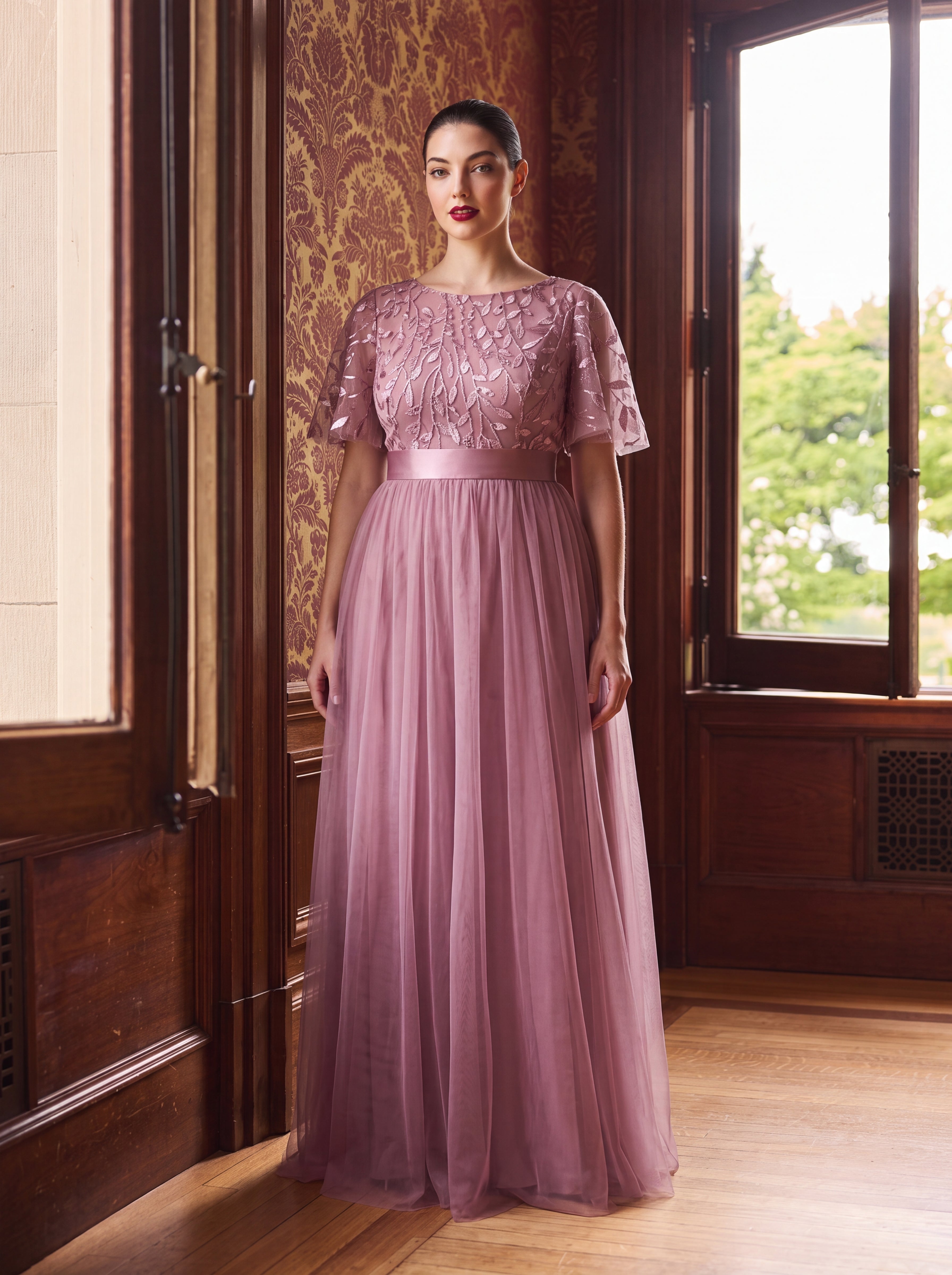 Robes de soirée brodées à manches courtes A-Line pour femmes #Couleur_Orchidee