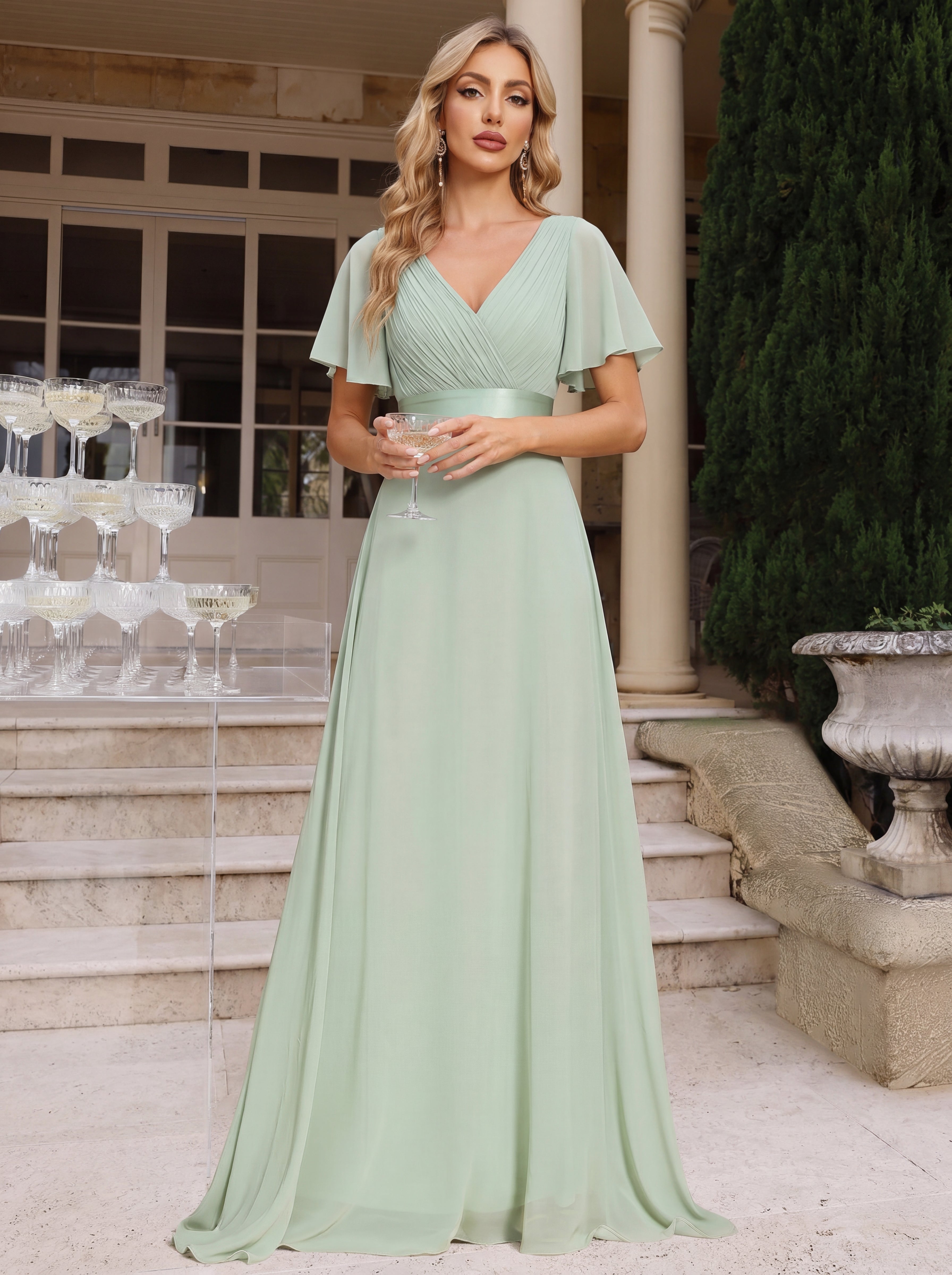 Robe mariage invitée fluide élégante en mousseline à taille haute #Couleur_Menthe Verte