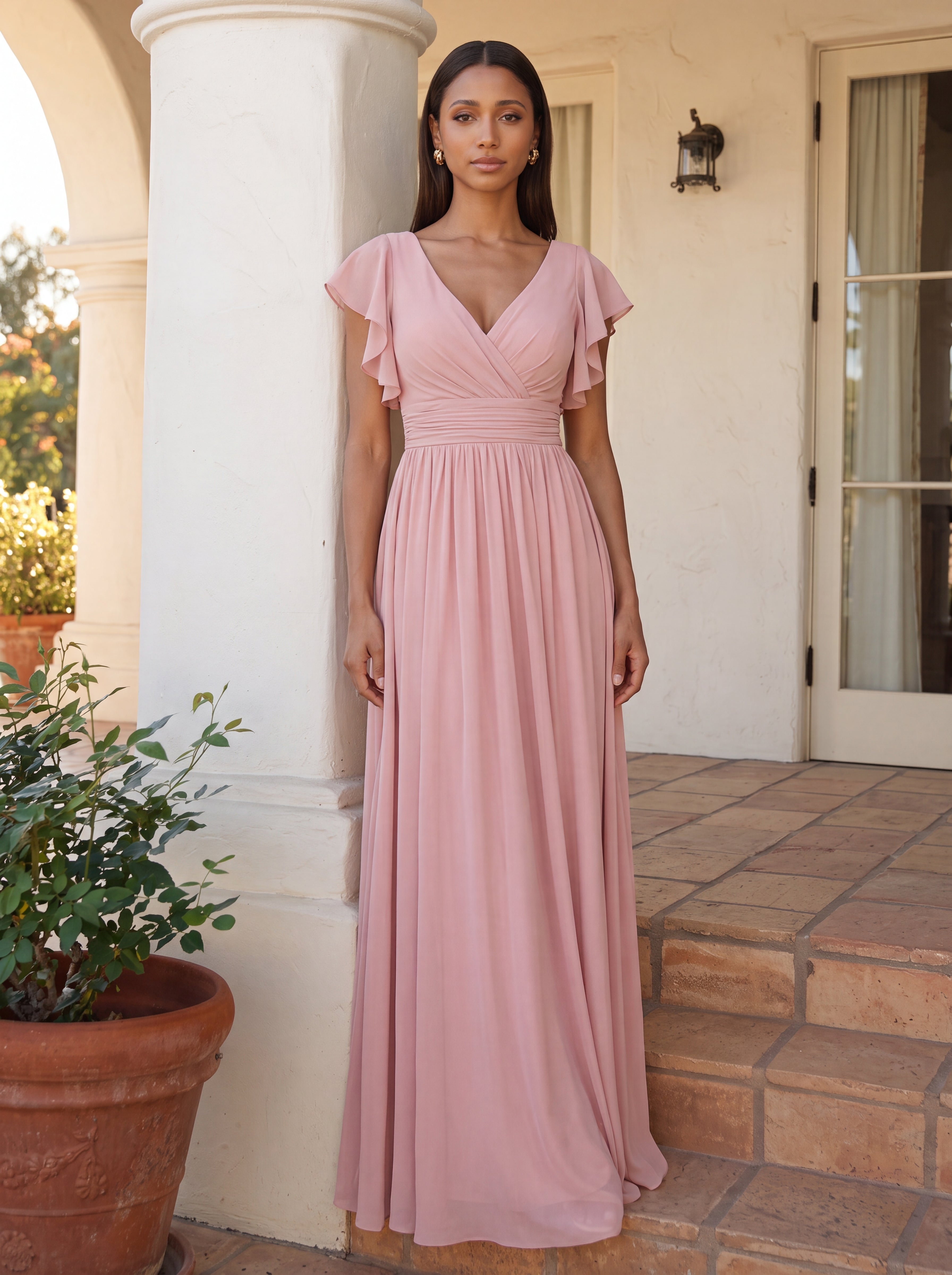 Robe demoiselle d'honneur en mousseline manches plissées avec découpe au dos #Couleur_Rose fumee
