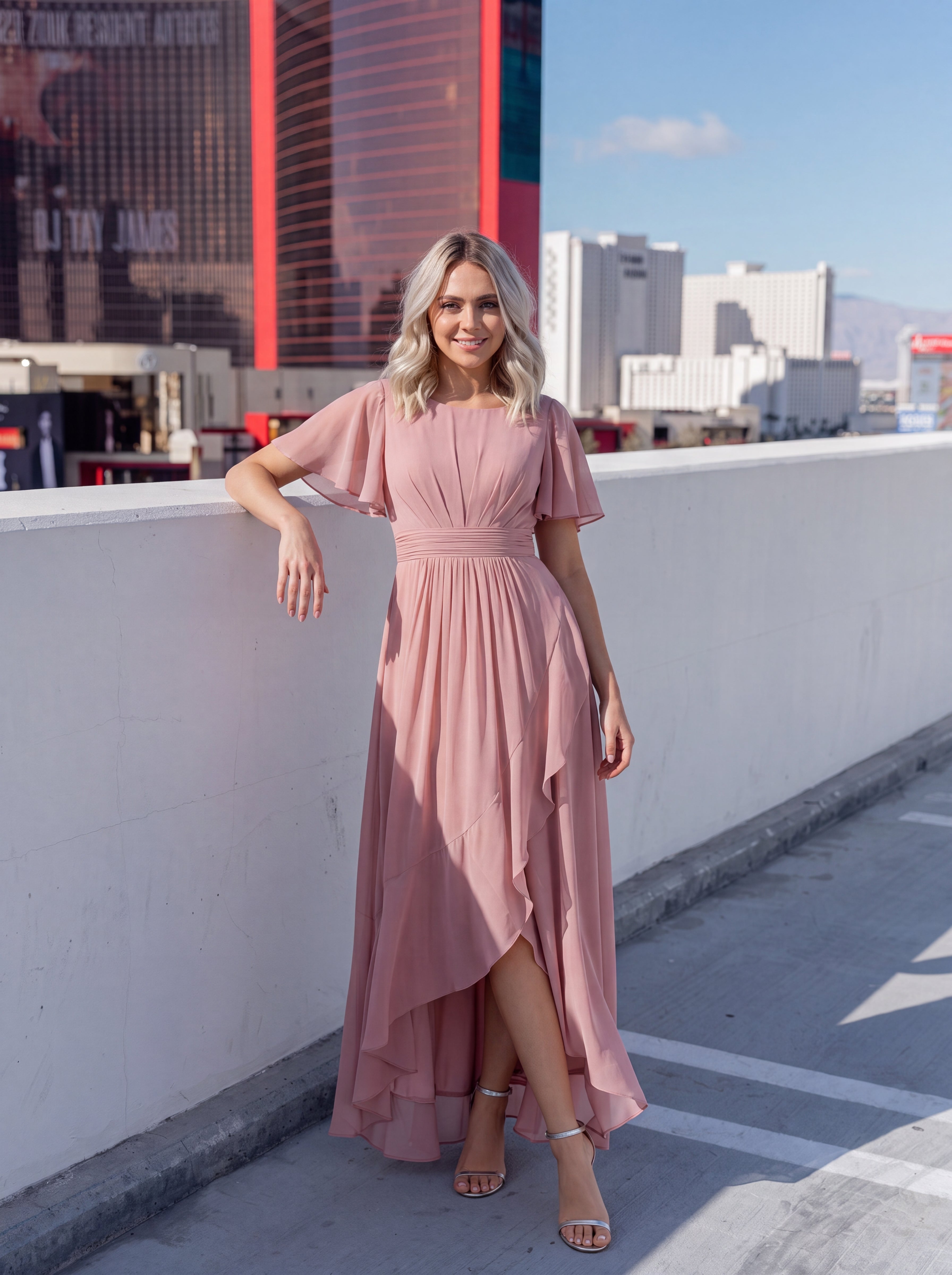 Robe asymétrique sans manches à volants avec détails plissés et ourlet haut bas #Couleur_Rose fumee