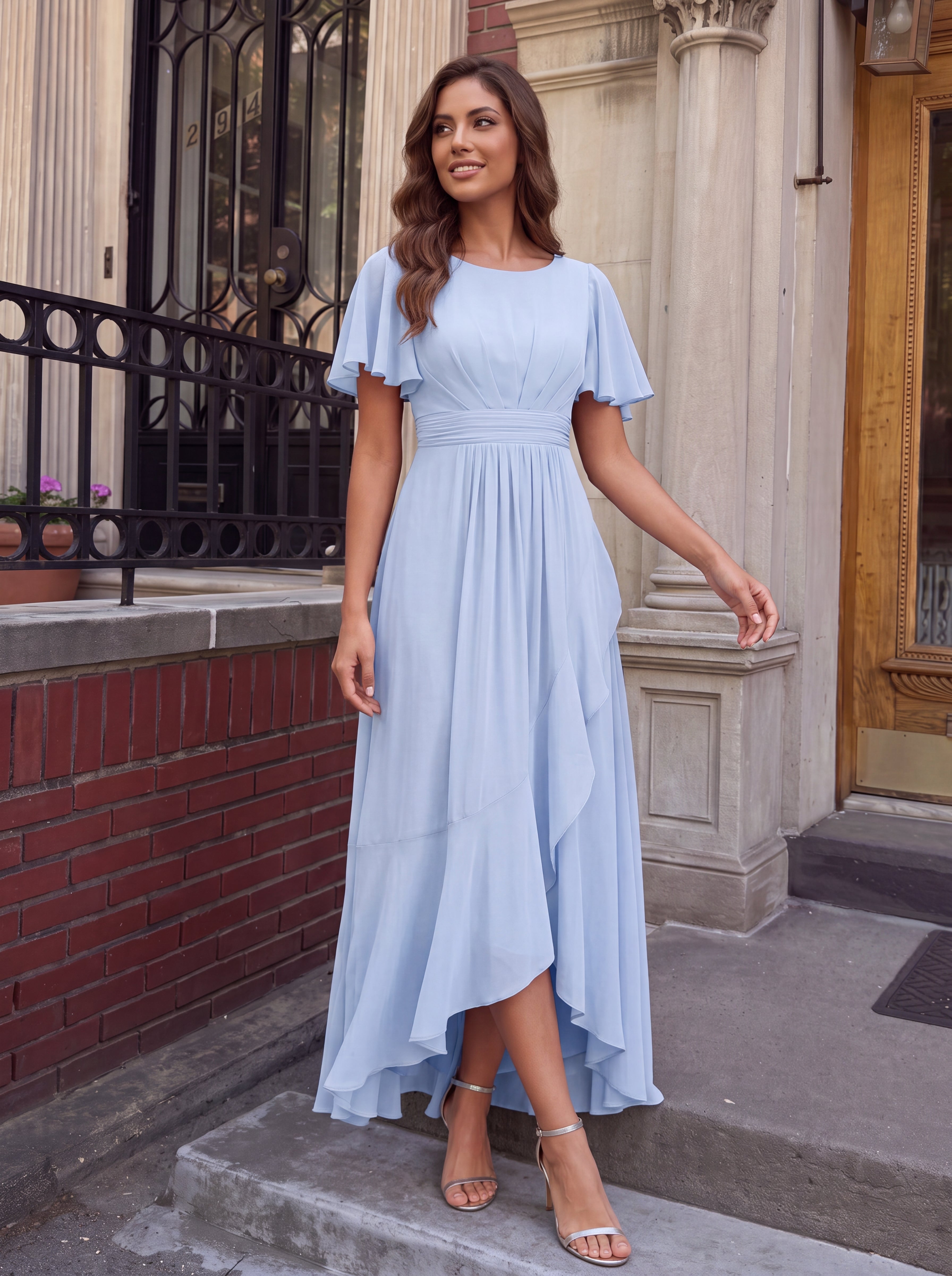 Robe asymétrique sans manches à volants avec détails plissés et ourlet haut bas #Couleur_Bleu Glace