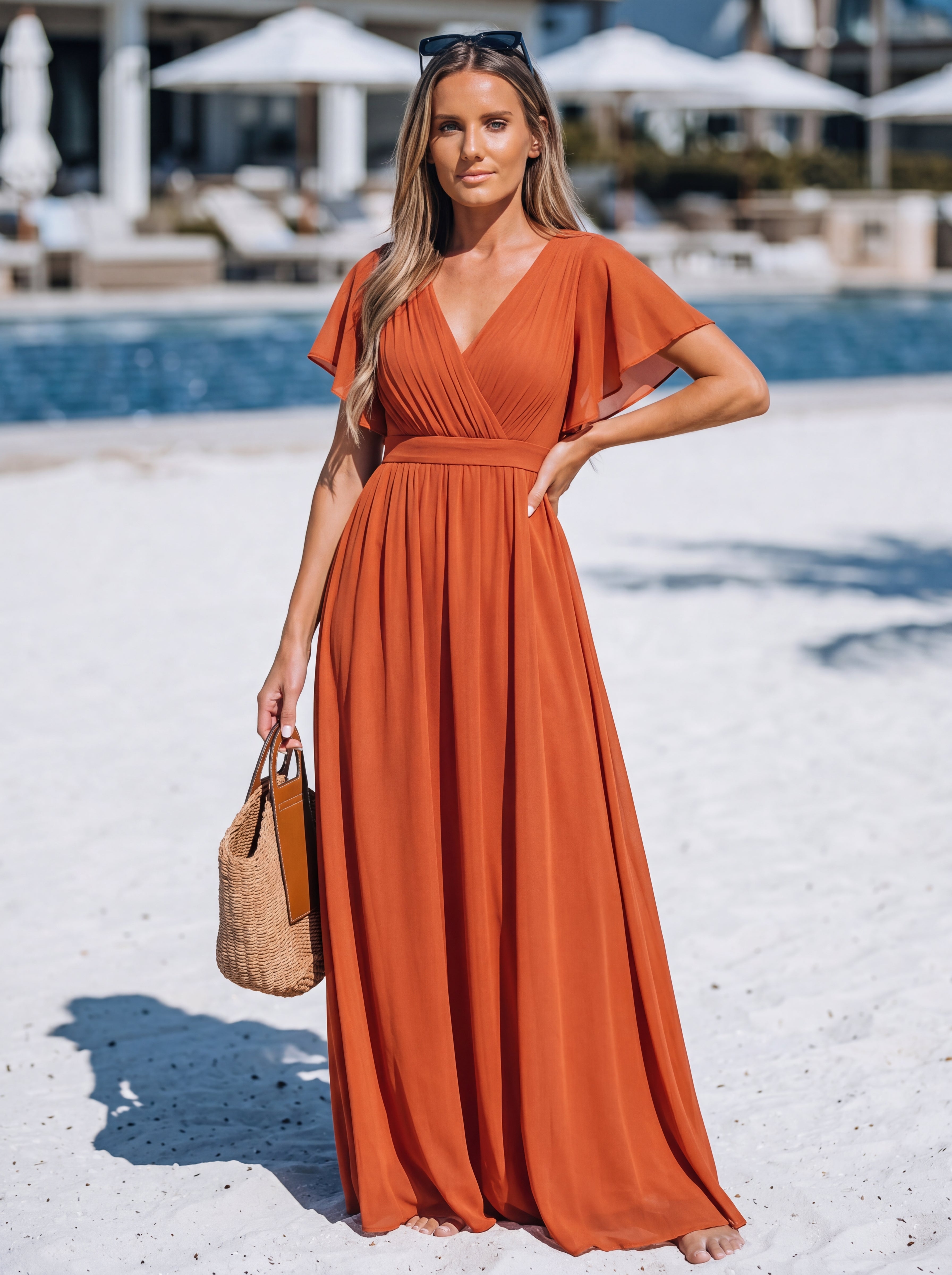 Robe de demoiselle d'honneur en mousseline de soie à encolure en V et à manches #Couleur_Burnt Orange