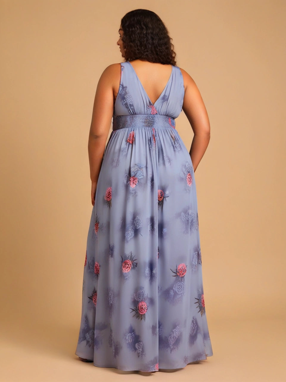 Robe longue de soirée florale à encolure en V #Couleur_Pivoine Poussiéreuse