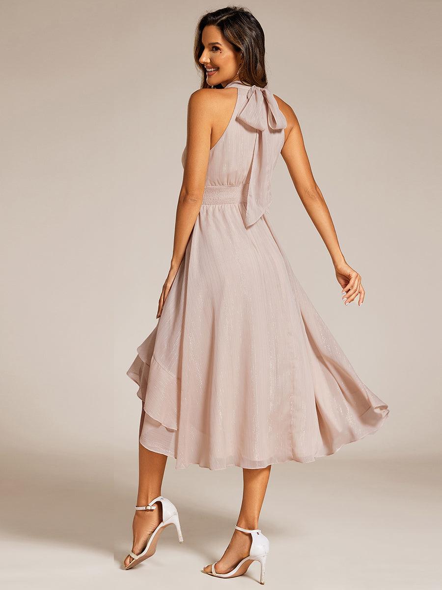 Robe d'invité de mariage plissée à volants haut-bas scintillante à col licou #Couleur_Charbon
