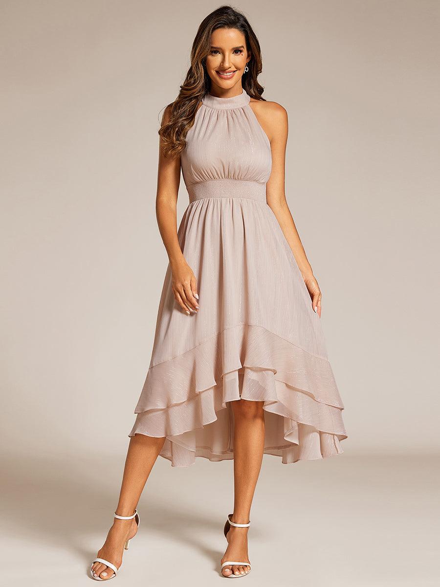 Robe d'invité de mariage plissée à volants haut-bas scintillante à col licou #Couleur_Charbon