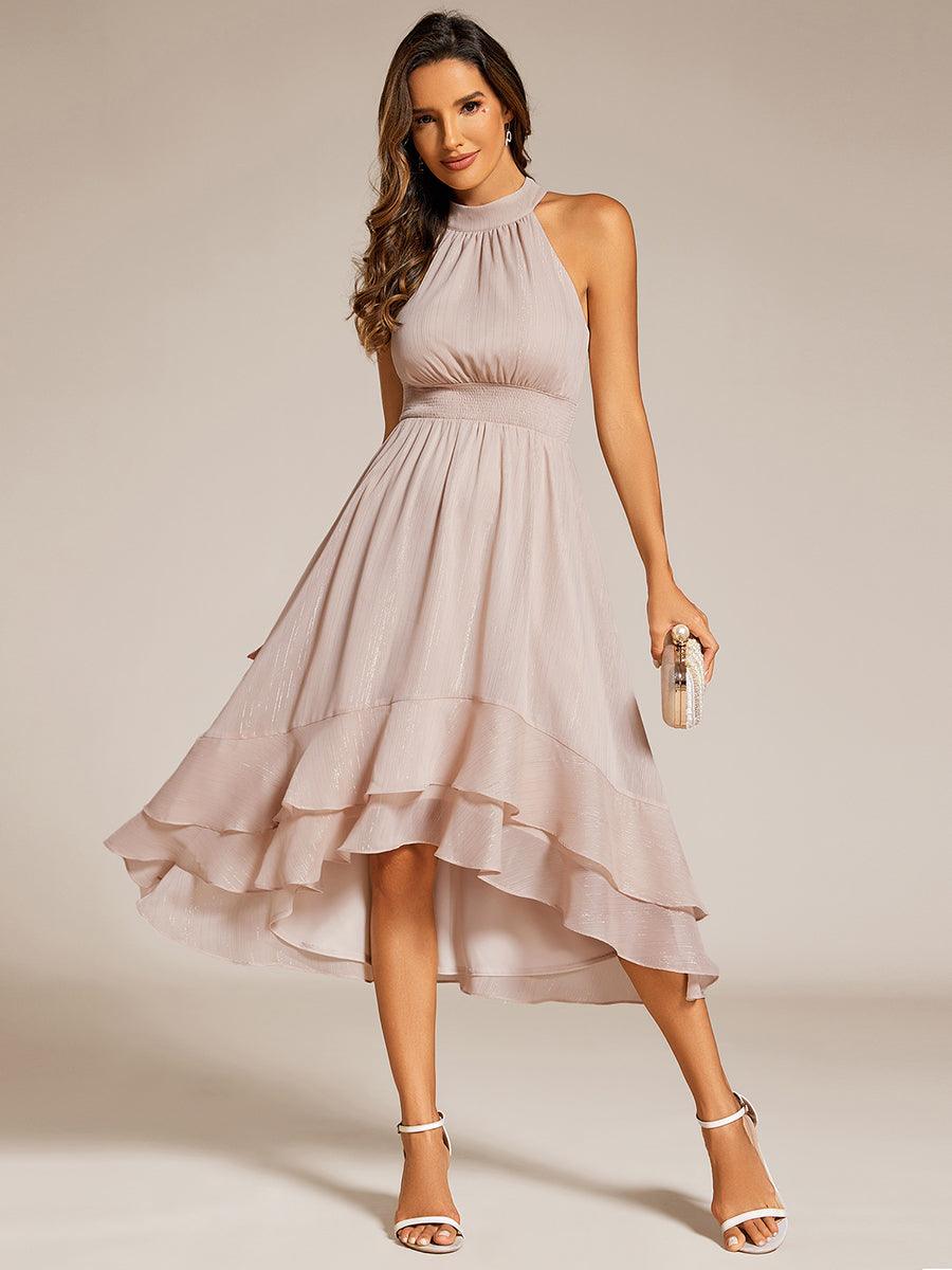 Robe d'invité de mariage plissée à volants haut-bas scintillante à col licou #Couleur_Charbon